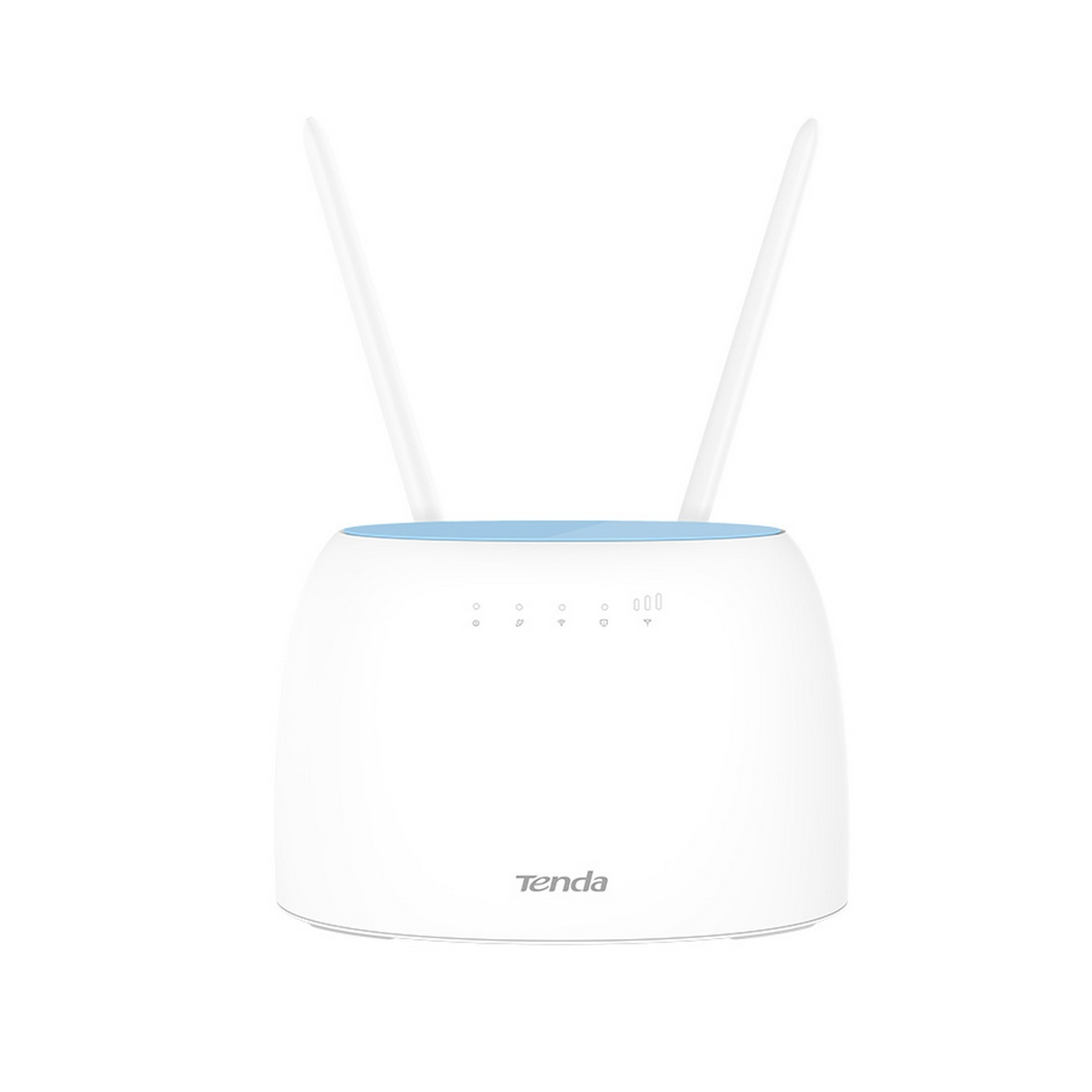 Biały router z dwiema antenami i niebieskim wierzchem. Router ma kontrolki.