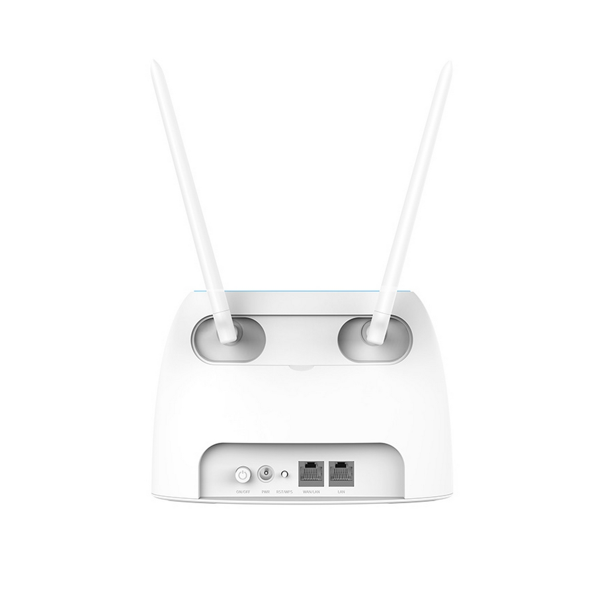 Tył białego routera z dwiema antenami. Widoczne porty zasilania, LAN i przełącznik ON/OFF.