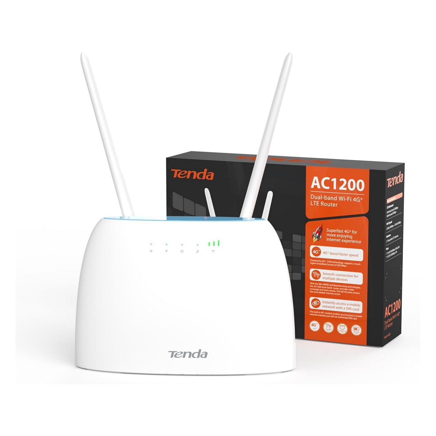 Biały router z antenami i pudełkiem, oba z marką 'Tenda'.
