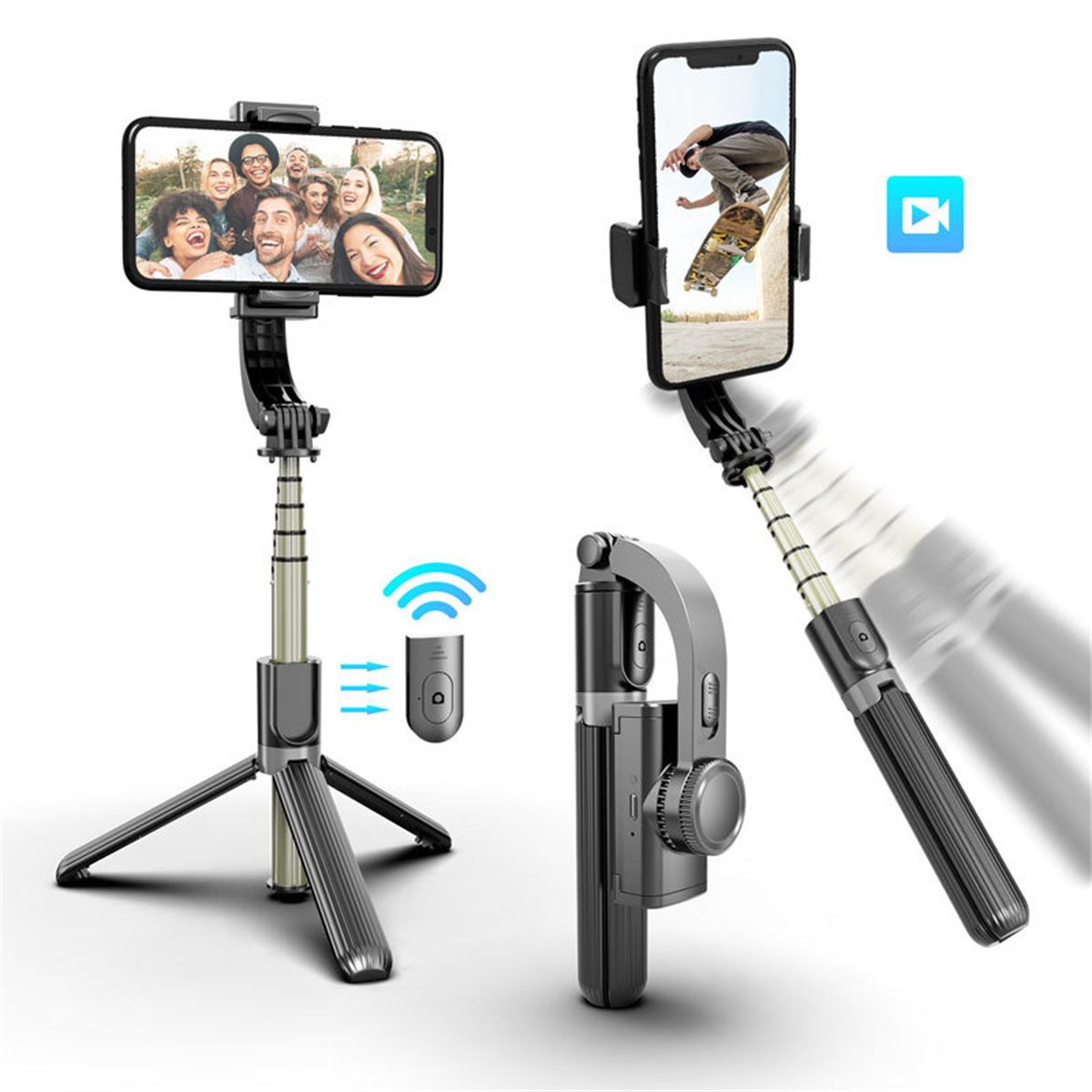 Zwei Selfie-Sticks mit angebrachten Telefonen. Einer zeigt ein Gruppenfoto, der andere einen Skateboarder.