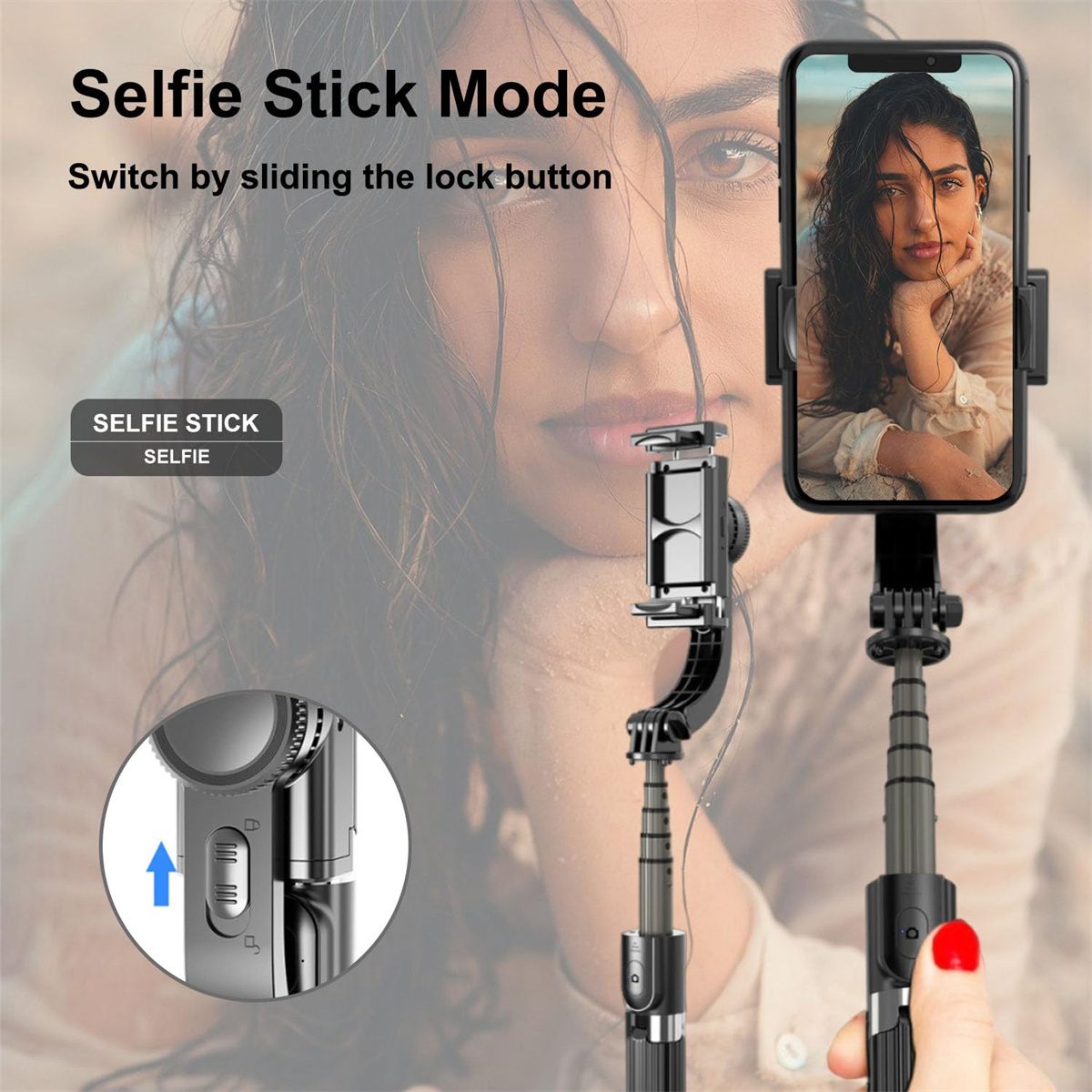 Selfie-Stick im Selfie-Stick-Modus, mit dem Gesicht einer Frau auf dem Telefonbildschirm.