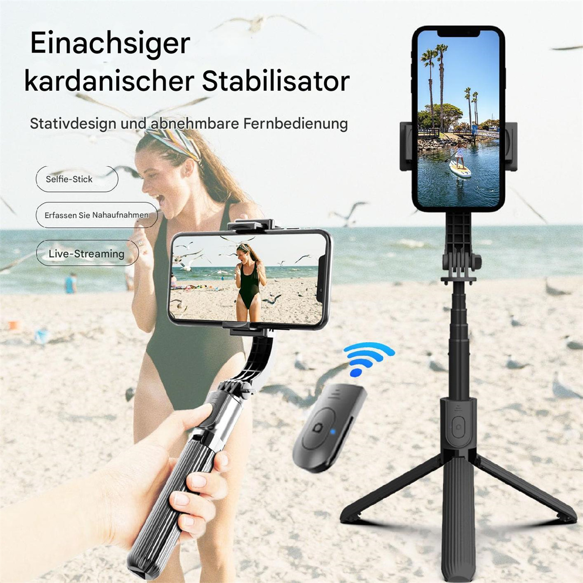 Frau hält Telefon mit Strandmotiv. Selfie-Stick rechts. Bluetooth-Fernbedienung.