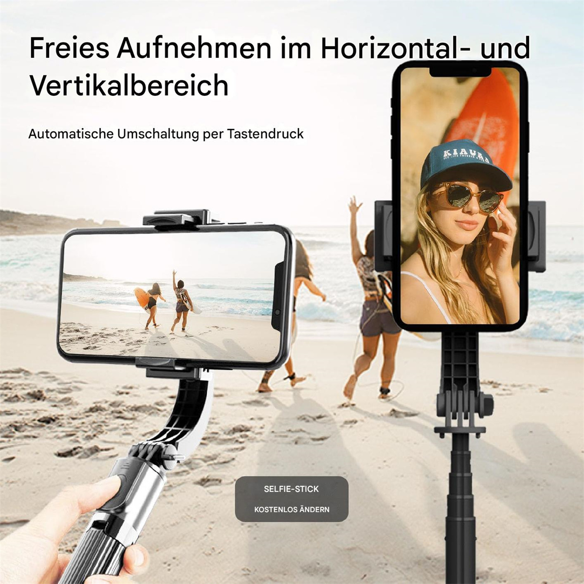 Person hält Selfie-Stick mit Telefon, Strandhintergrund, Leute gehen.
