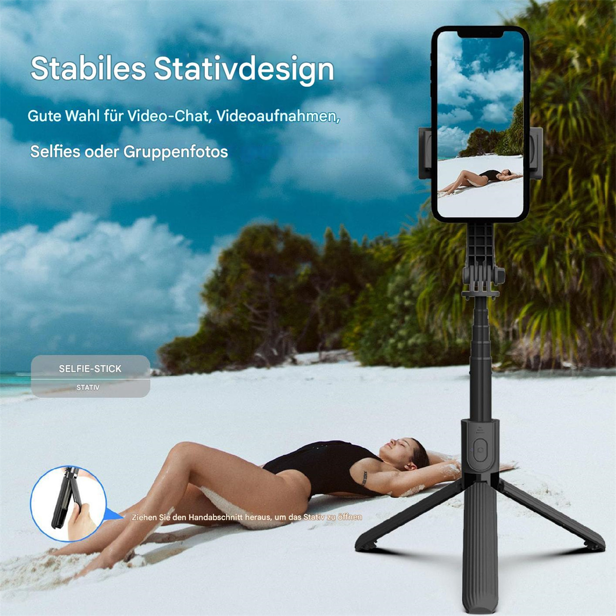Eine Frau am Strand benutzt ein Handy auf einem Stativ. Das Handy macht ein Foto.