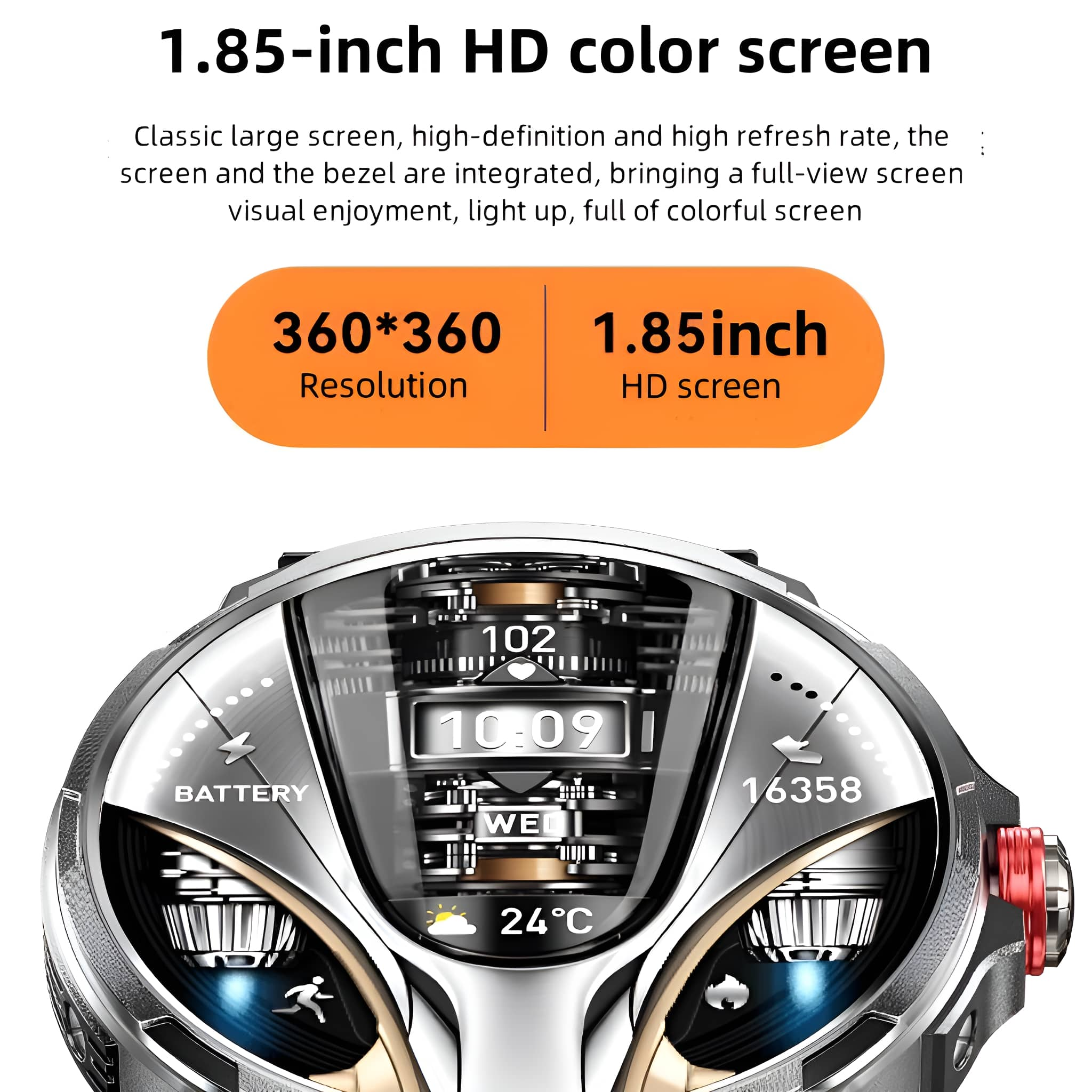 Smartwatch mit digitaler Anzeige, die Zeit und Aktivitätsstatistiken anzeigt. Orange-Silber-Farbschema.