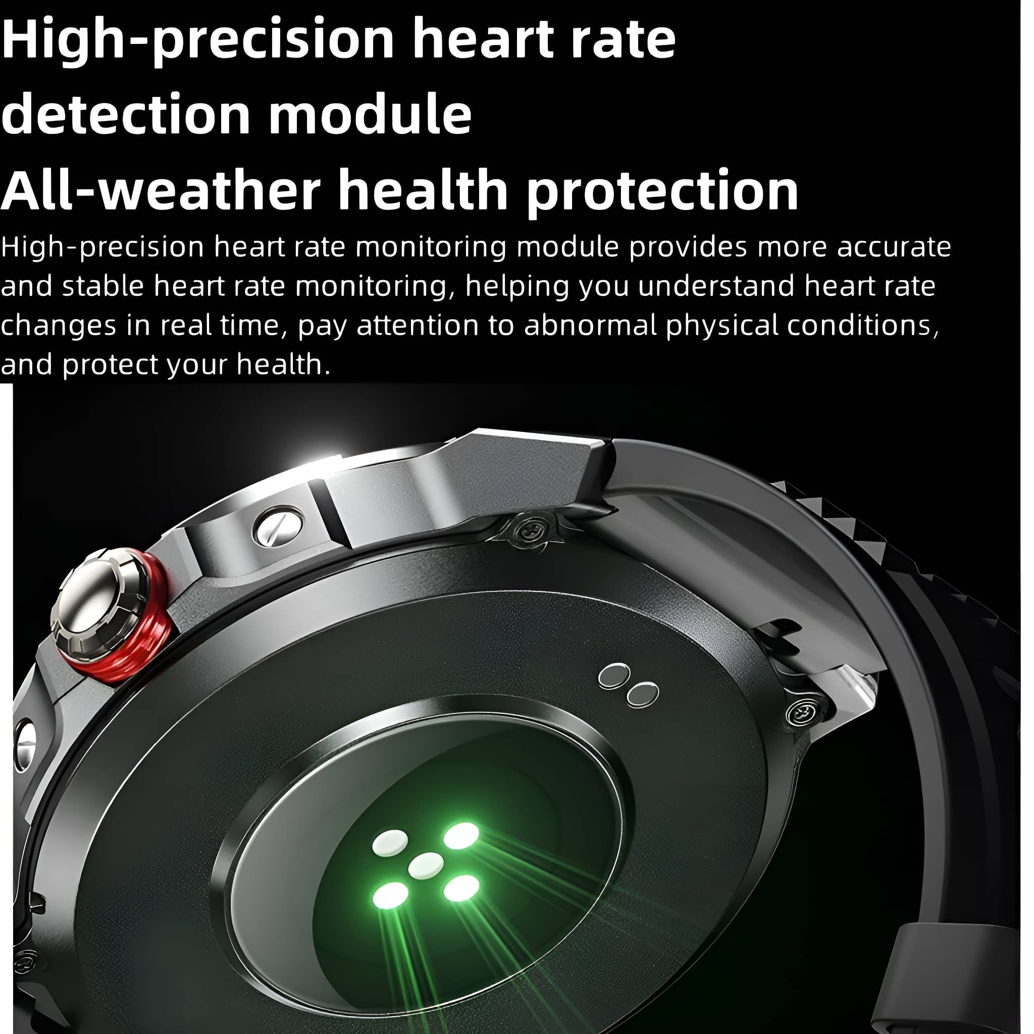 Nahaufnahme einer schwarzen Smartwatch mit grünen Lichtsensoren.
