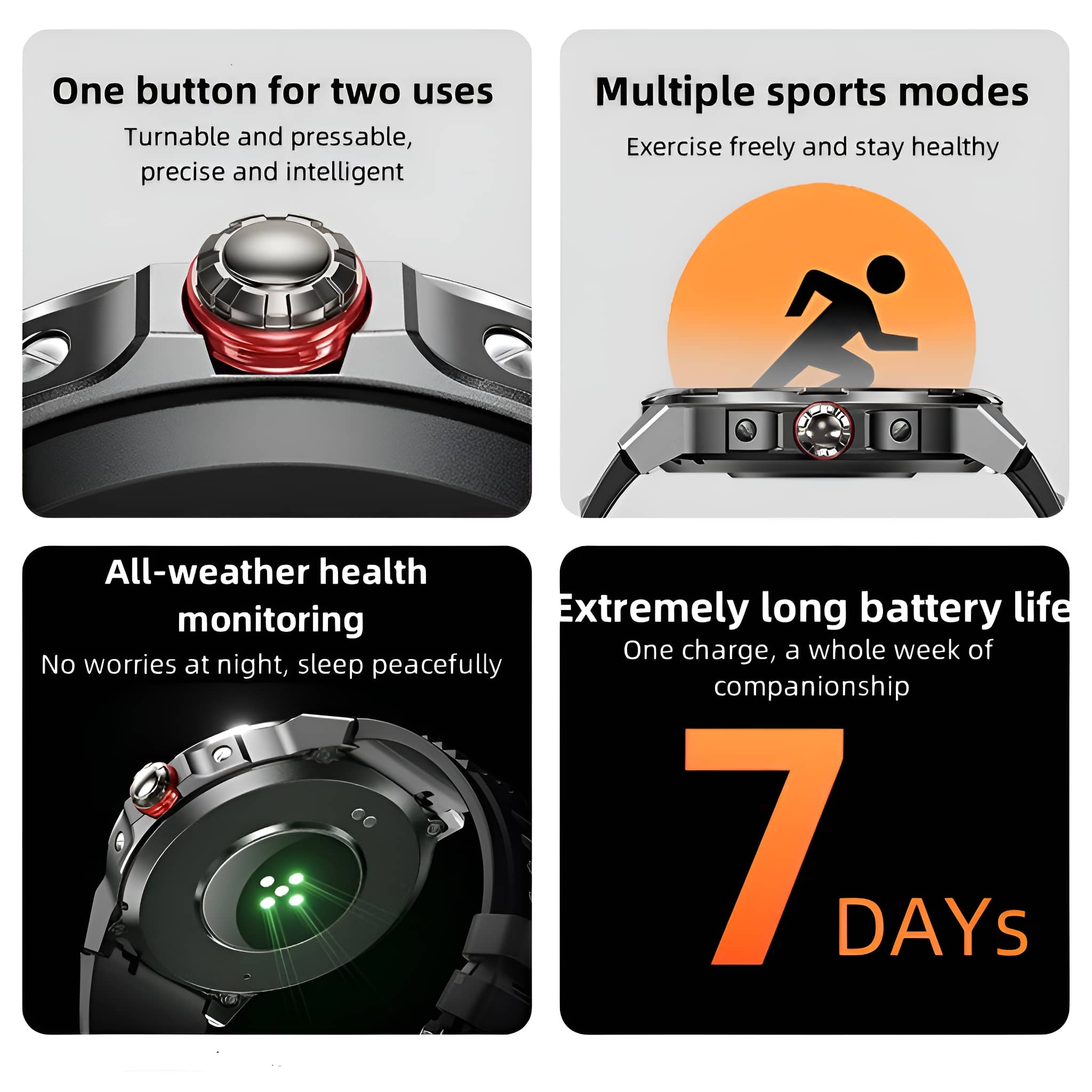 Smartwatch mit verschiedenen Funktionen. Enthält mehrere Sportmodi und Gesundheitsüberwachung.