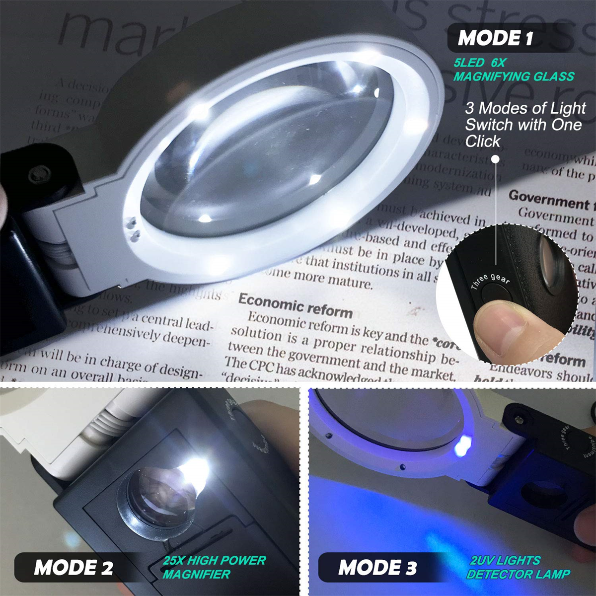 Lupe mit LED-Licht, zeigt eine Textseite und einen Steuerschalter.