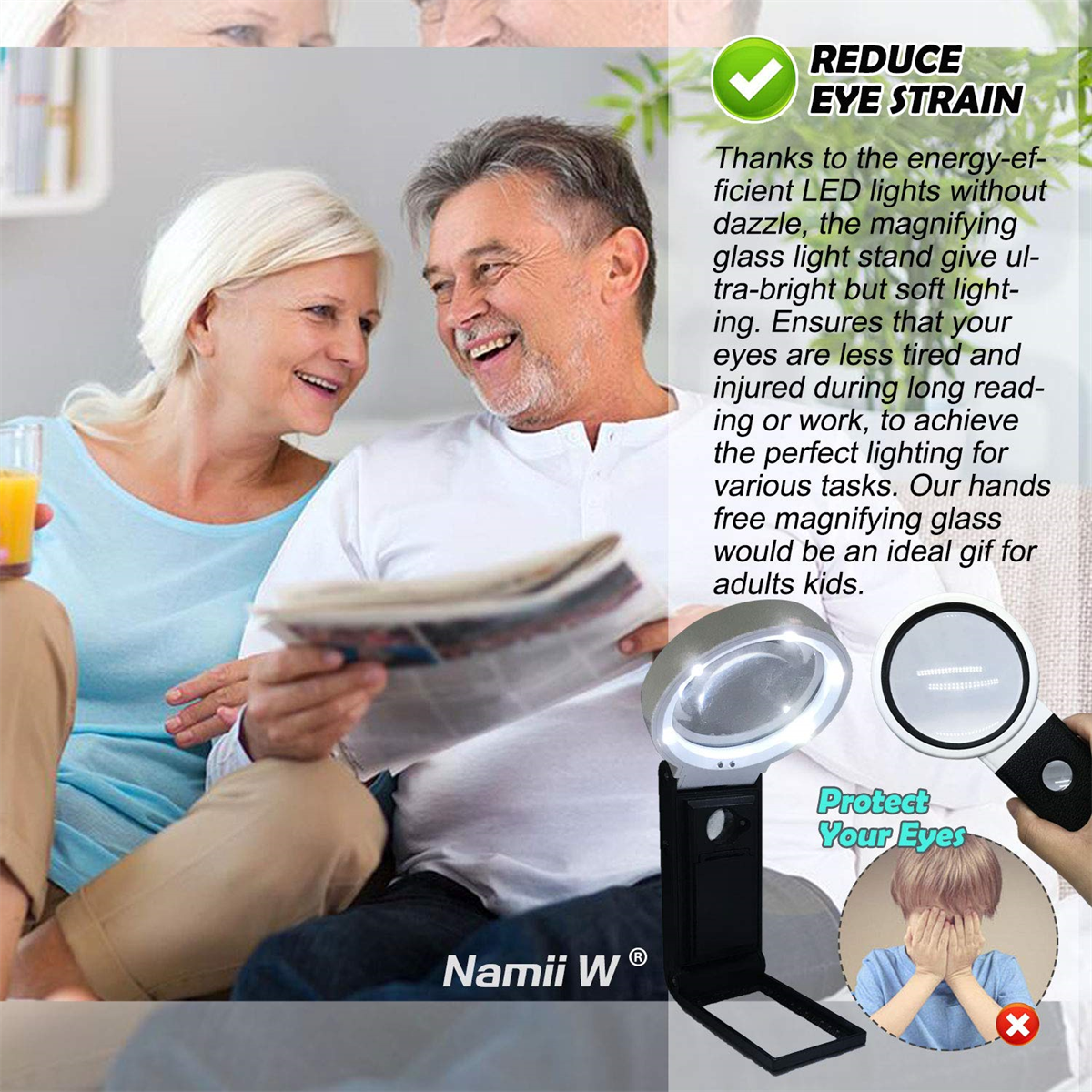Ein älteres Ehepaar liest mit einer Lupe. Ein Junge bedeckt seine Augen. Der Text lautet „Reduce Eye Strain“.