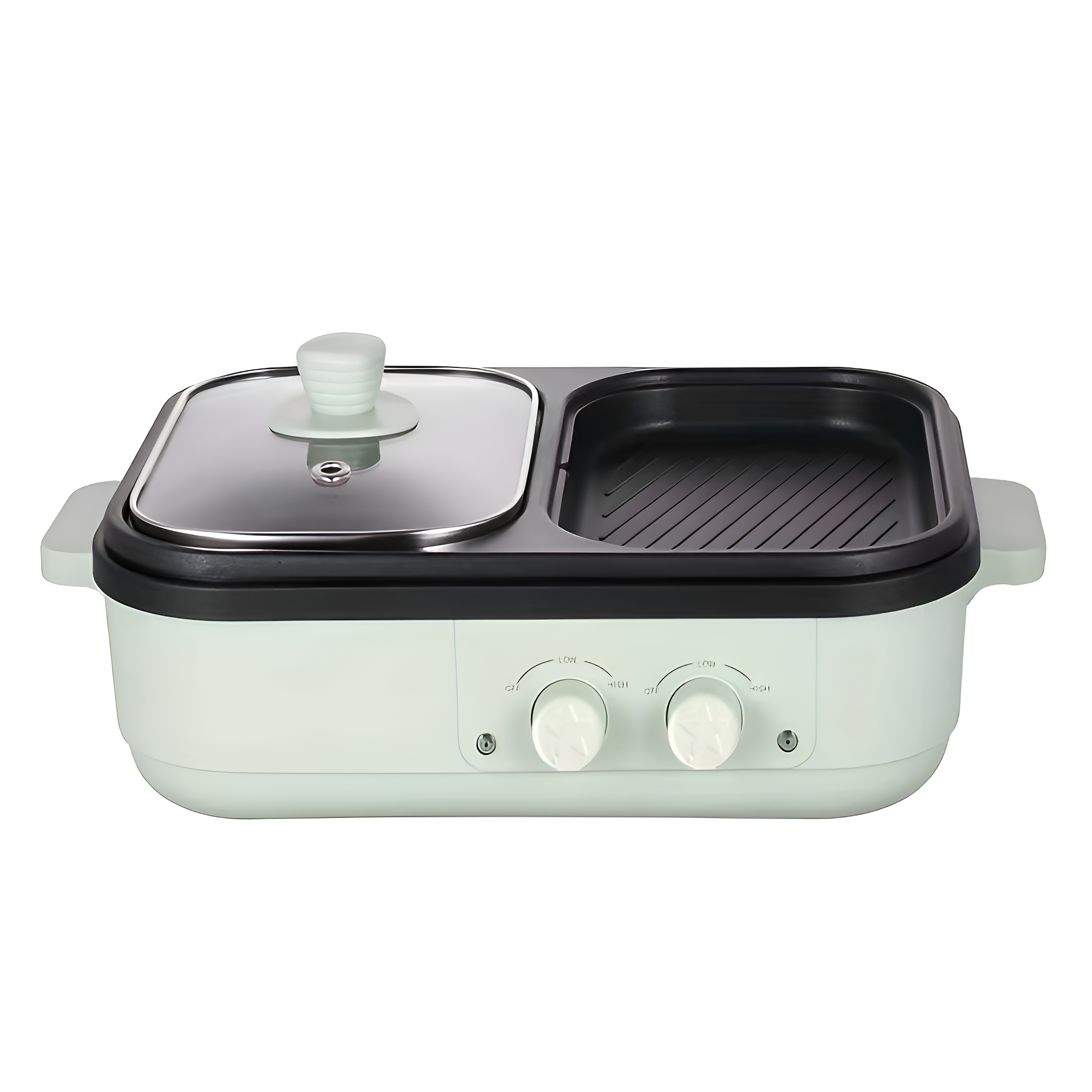 Hellgrüne elektrische Grillplatte mit Glasdeckel und zwei Bedienknöpfen auf weißem Hintergrund.