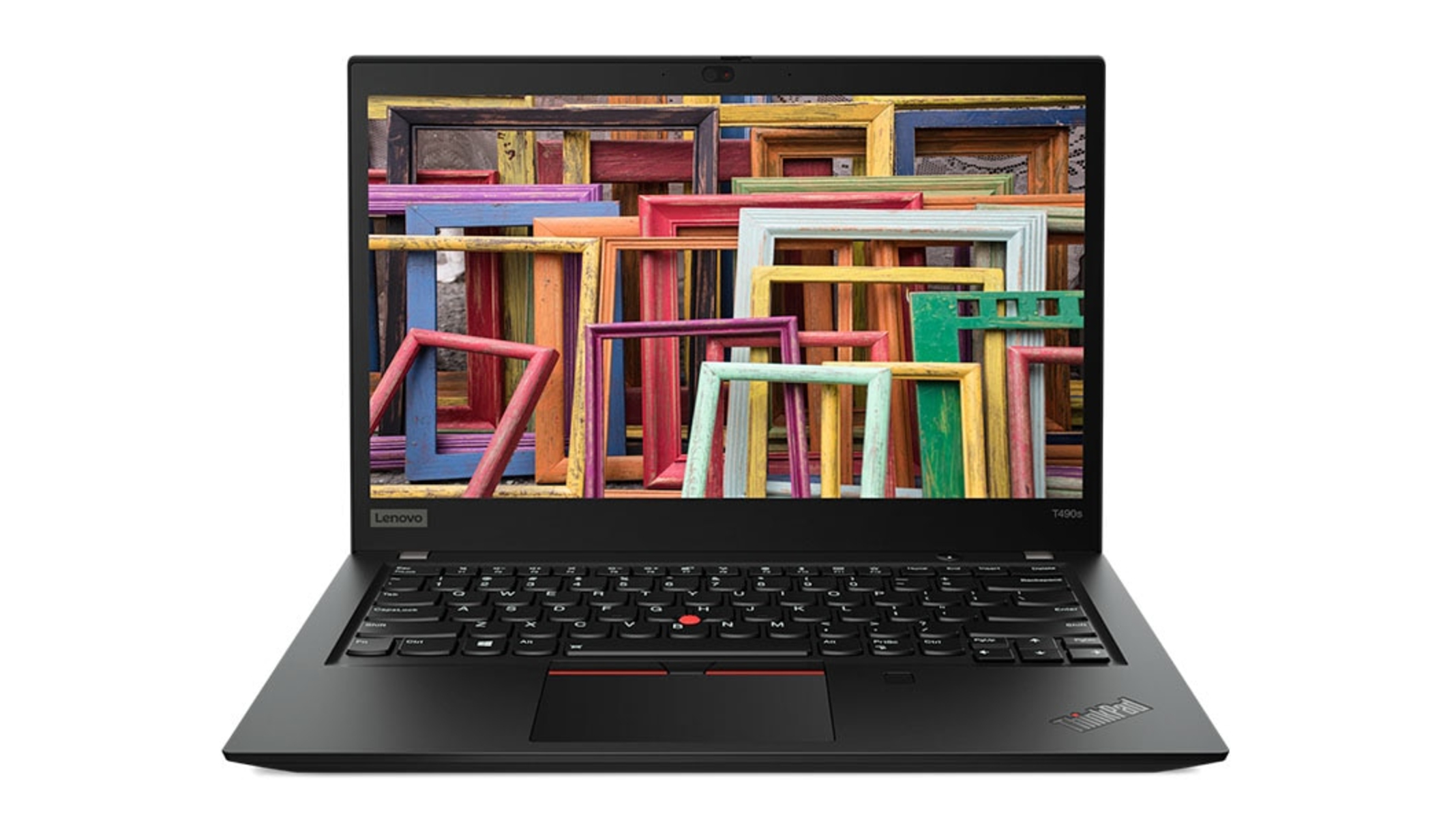 Schwarzer Lenovo Laptop mit einem farbenfrohen Kunstwerk auf dem Bildschirm. Tastatur und Touchpad sichtbar.