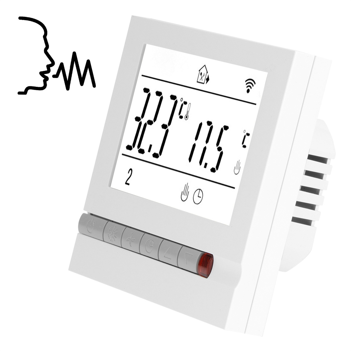 Ein weißes Thermostat mit Display, das Zahlen zeigt, und ein Sprachsymbol daneben.
