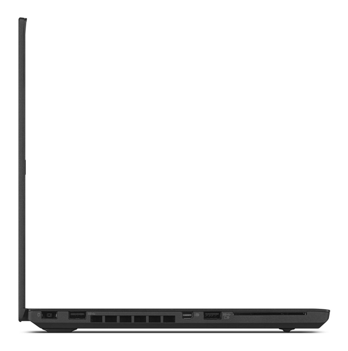 Eine Seitenansicht eines schwarzen Laptops, wobei Anschlüsse auf der linken Seite sichtbar sind.