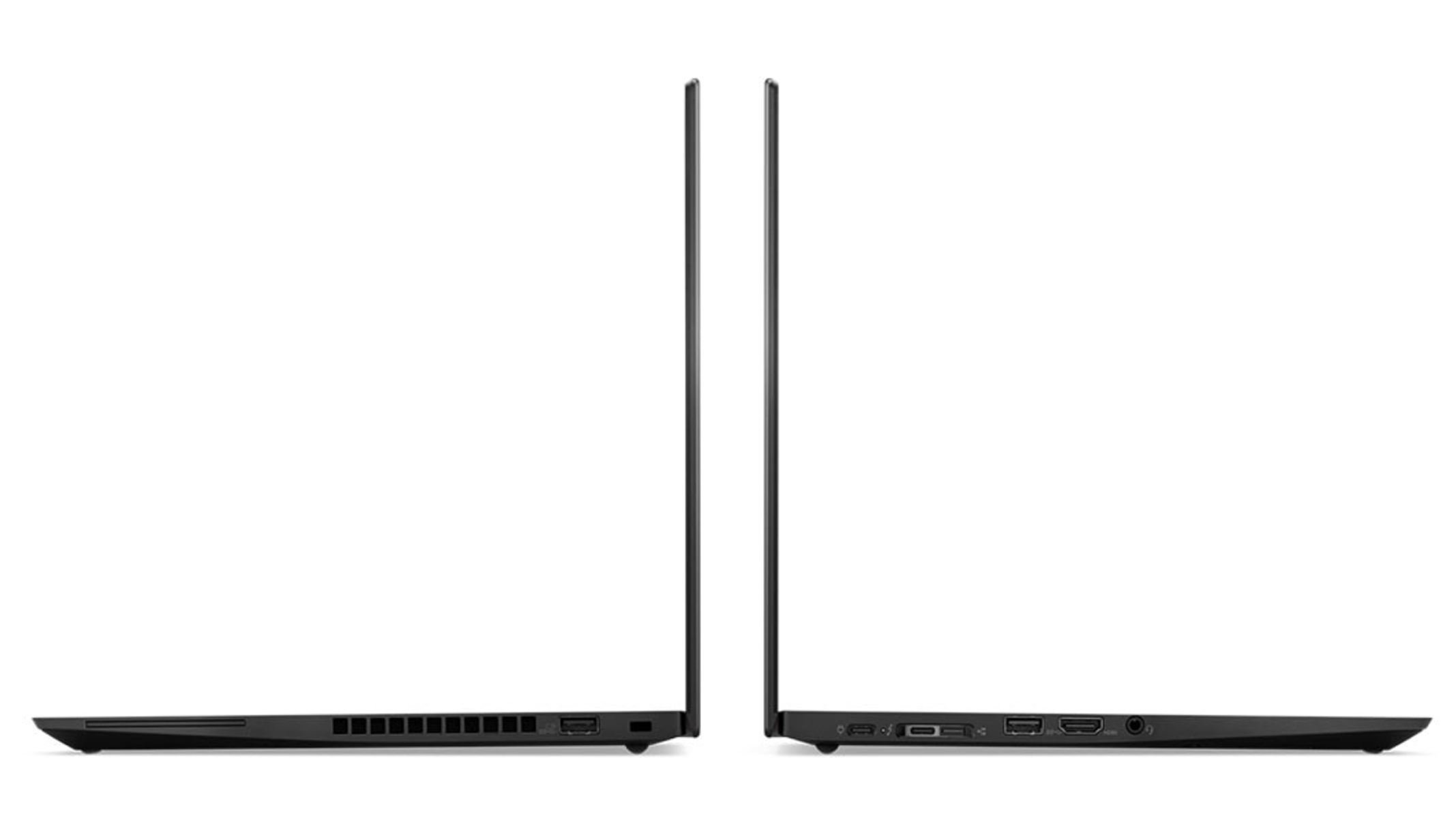 Zwei schwarze Laptops nebeneinander, Profile zeigend, auf weißem Hintergrund. Die Laptops sind geschlossen.