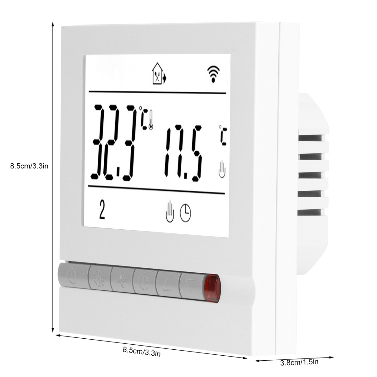 Weißer Thermostat mit digitaler Anzeige, die Temperatur und Einstellungen anzeigt.