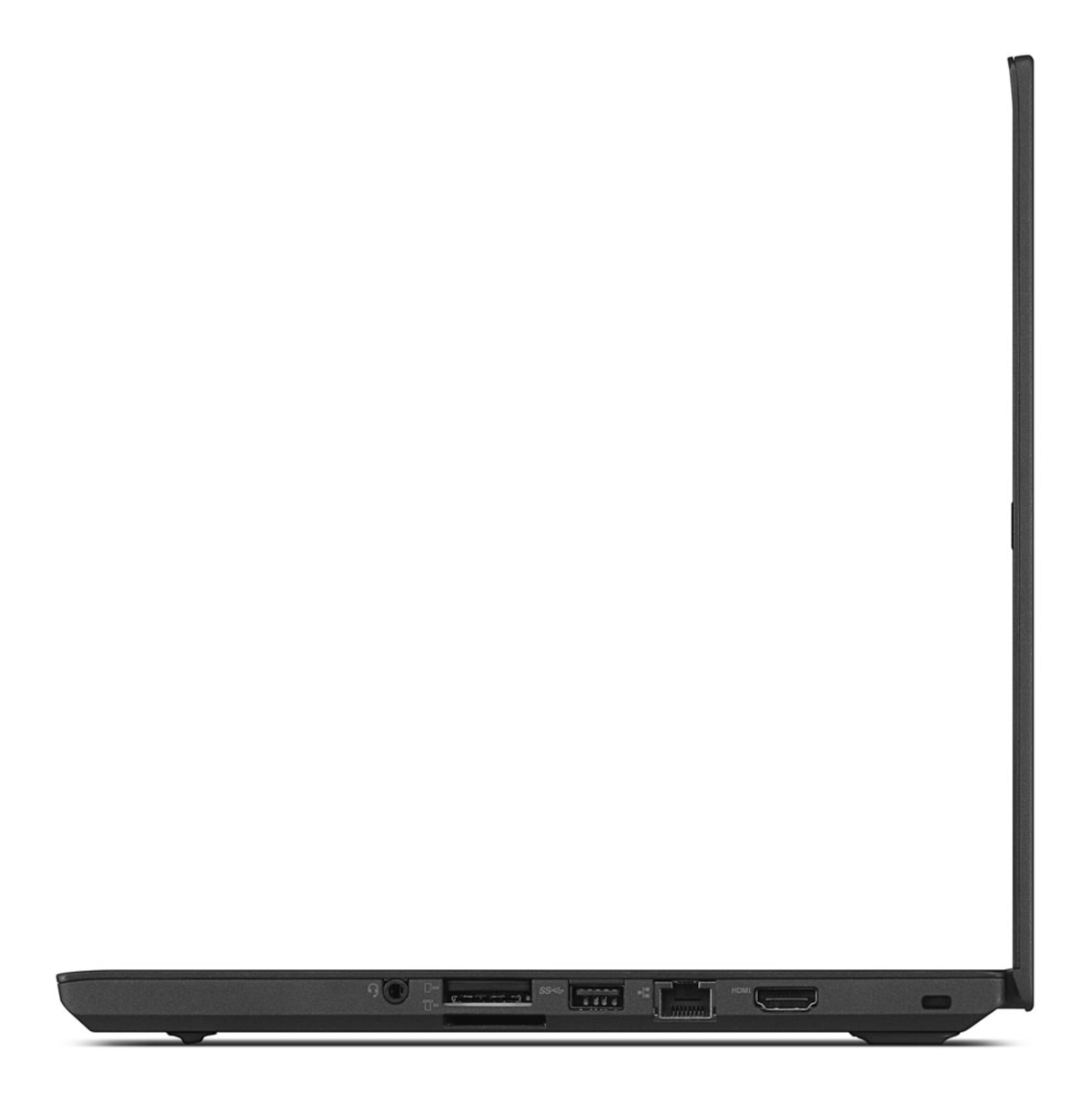 Schwarzer Laptop-Seitenansicht, mit Anschlüssen und Verbindungen, auf weißem Hintergrund. Sauberes Profil.