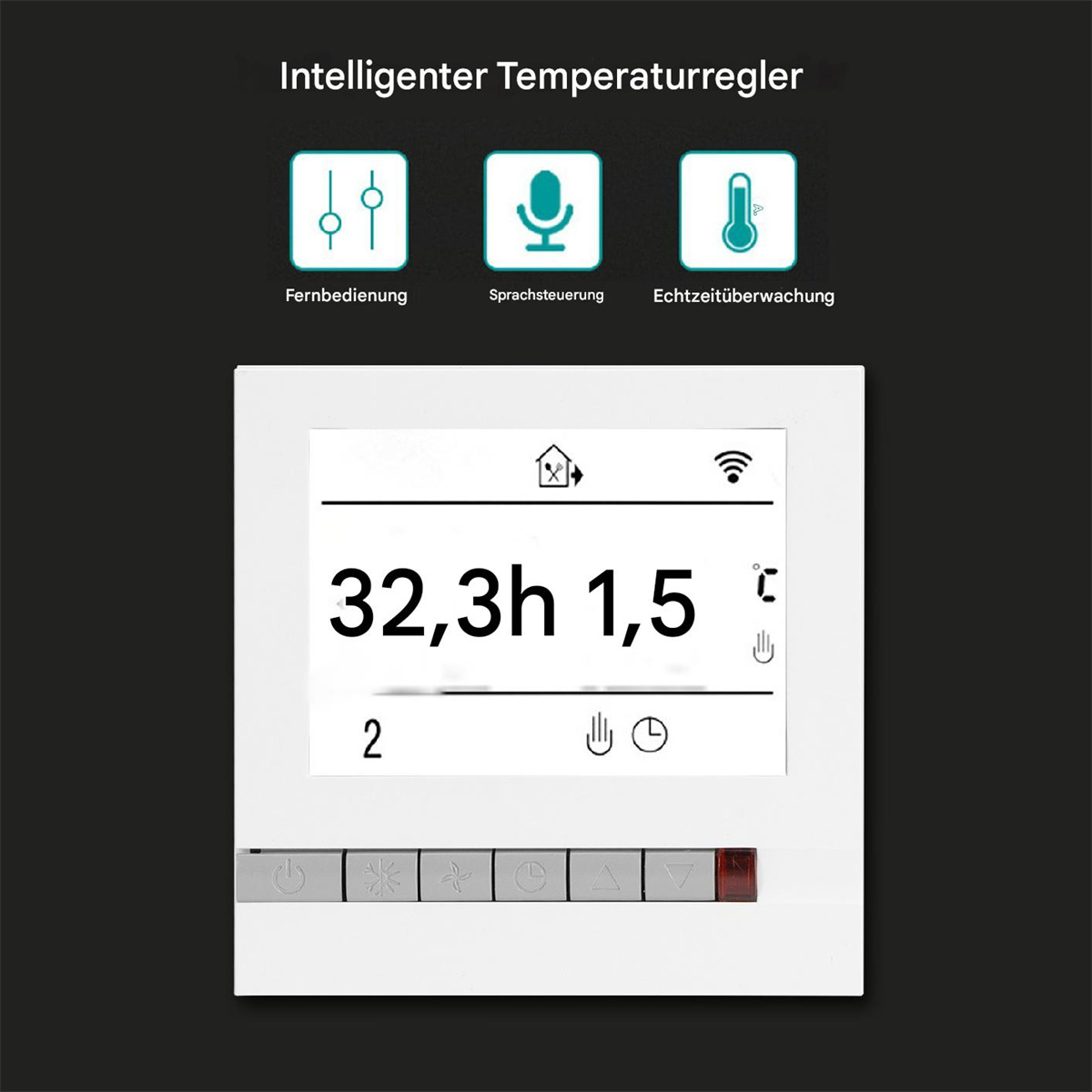 Ein weißer digitaler Temperaturregler mit Display und Bedientasten. Oben befinden sich drei Symbole.