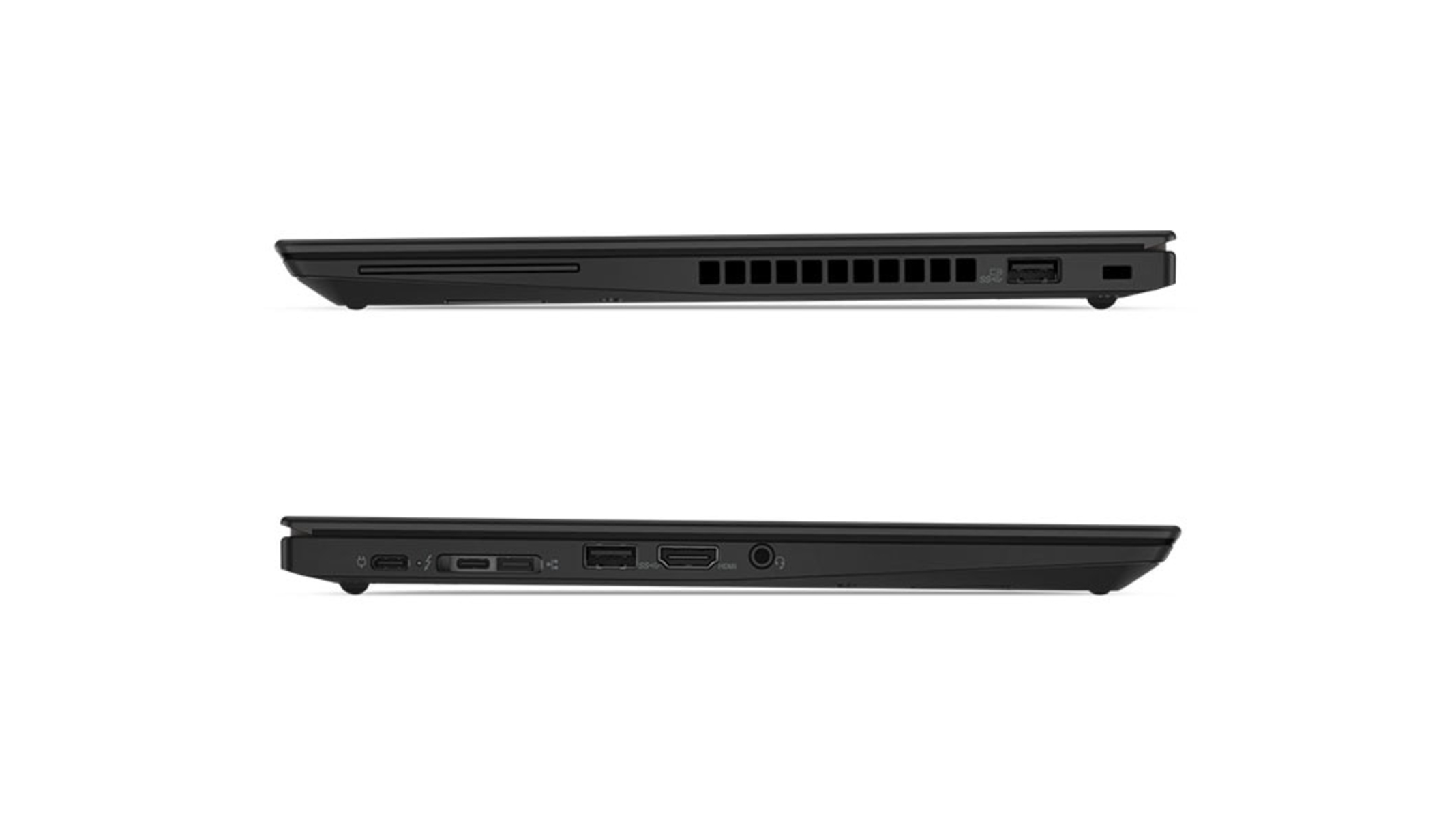 Schwarzer Laptop Seitenansicht, Anschlüsse und Lüftungsschlitze.