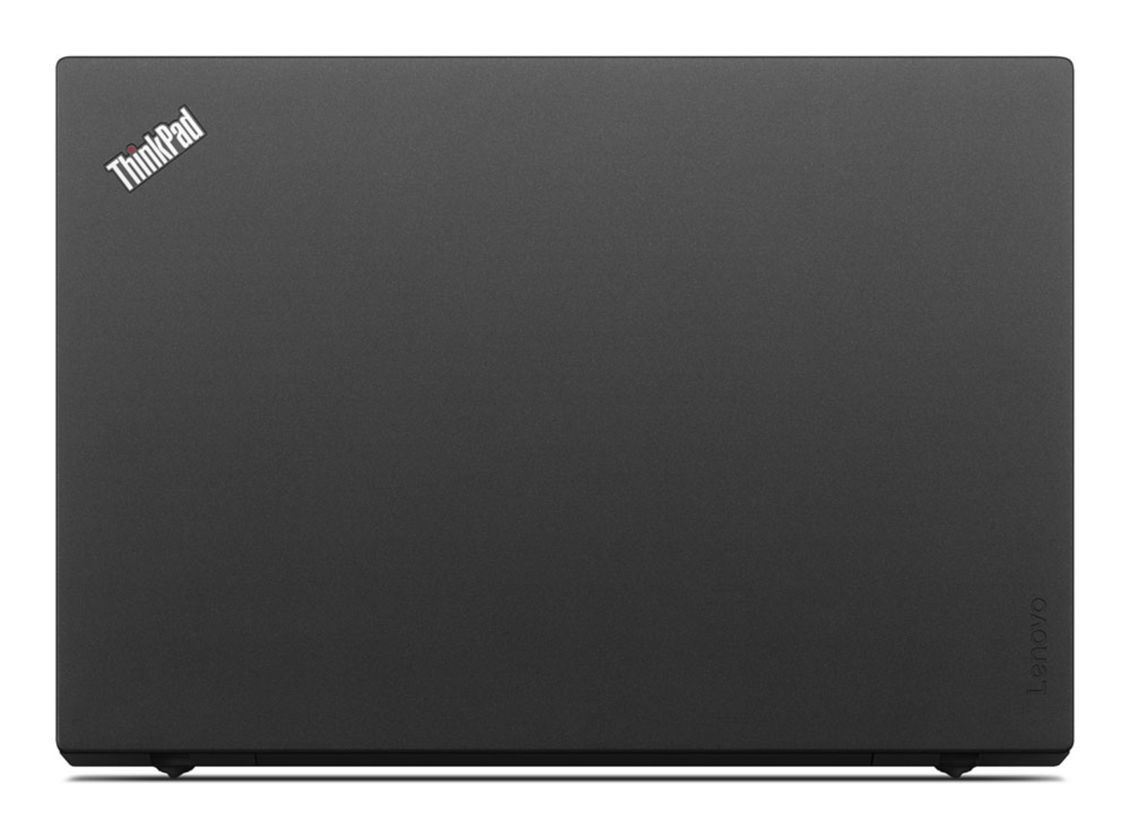 Schwarzer Laptop, Draufsicht. ThinkPad-Logo auf dem Deckel. Lenovo-Logo unten.