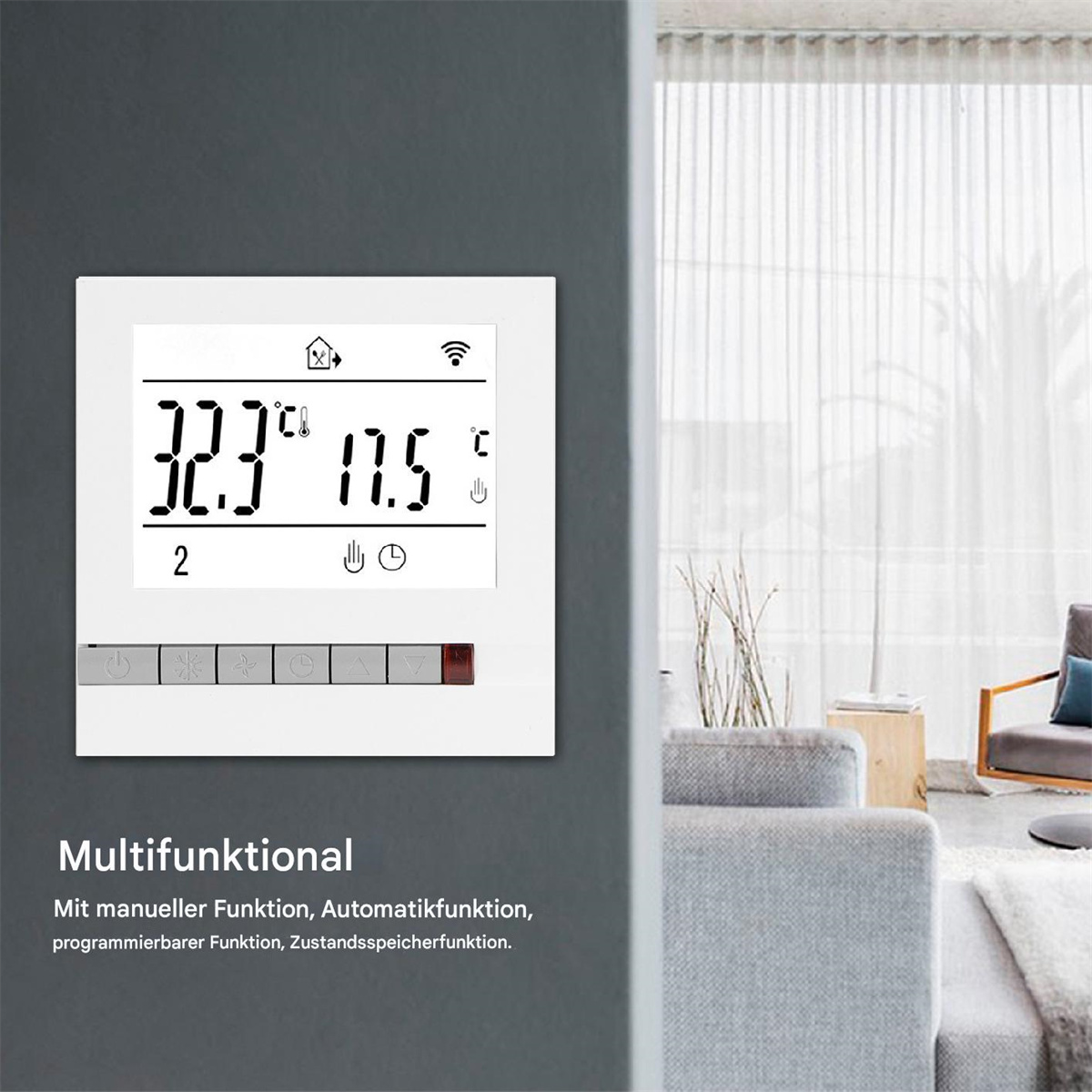 Weißer Thermostat an einer grauen Wand mit Temperaturanzeige und Bedientasten.