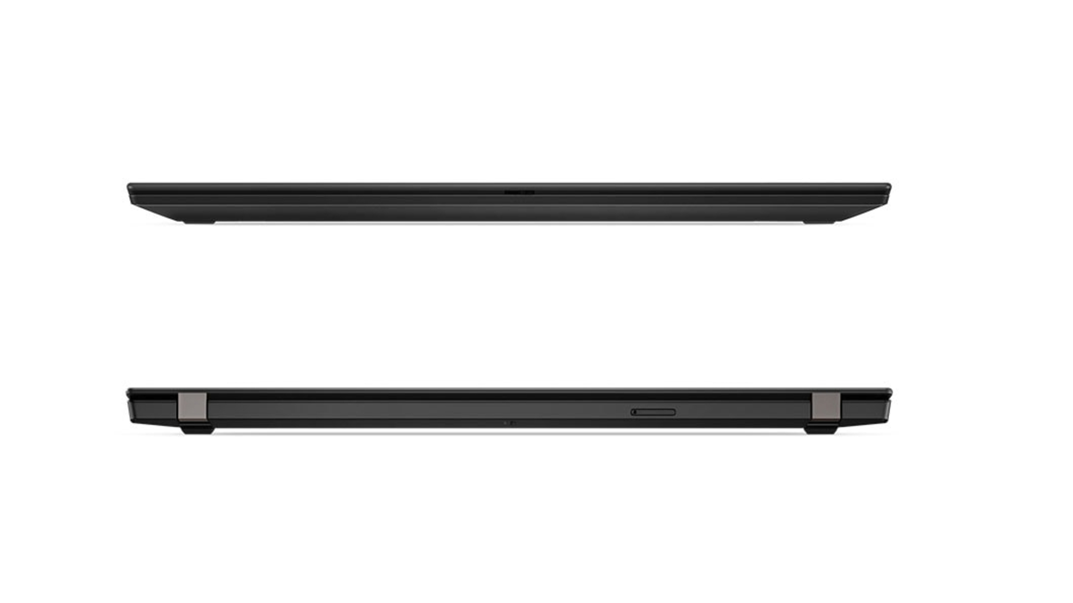Zwei schwarze Laptops von der Seite, oben und unten, auf weißem Hintergrund.