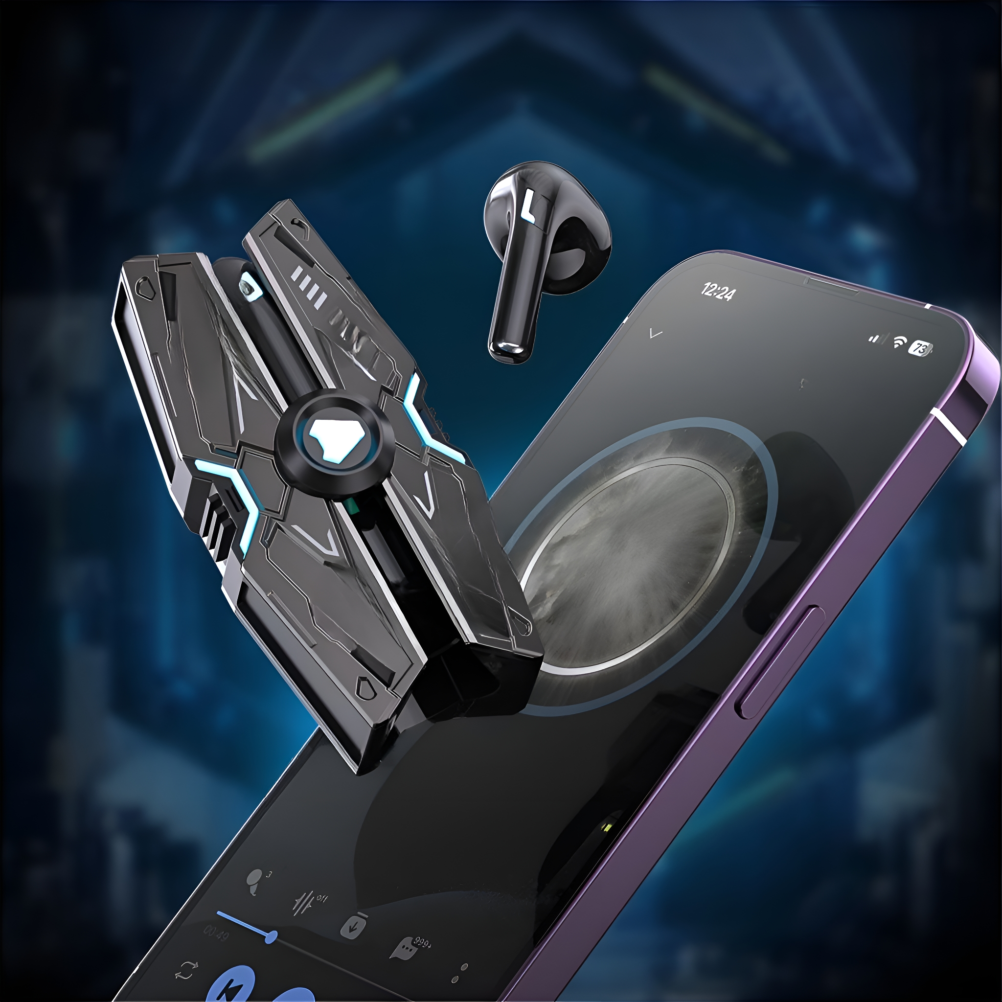 Schwarzes Gaming-Gerät auf einem lila Telefon. Ein schwarzer Ohrhörer schwebt. Blauer Hintergrund.
