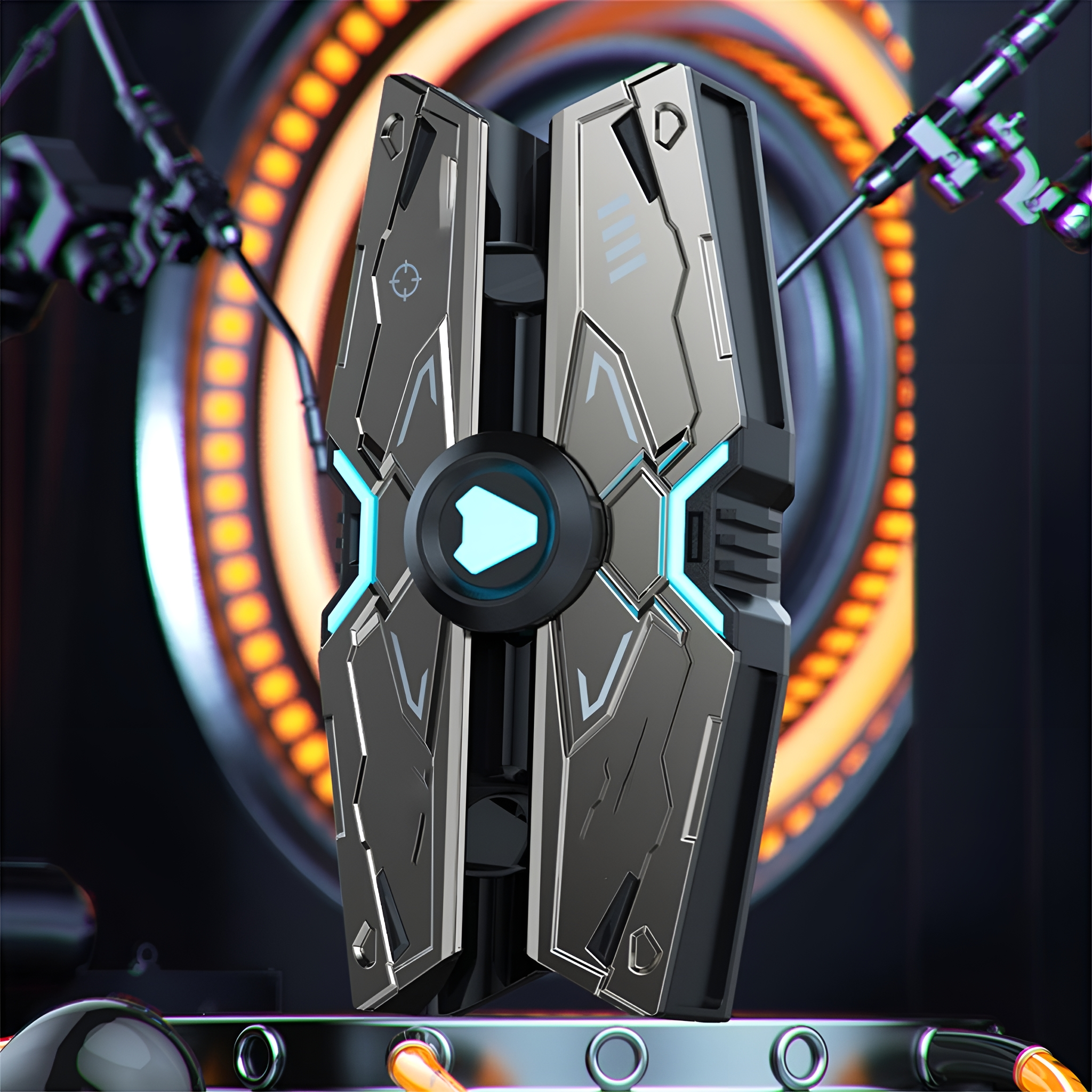 Futuristisches Gerät. Silber und Schwarz mit blauen Lichtern. In Metallumgebung.