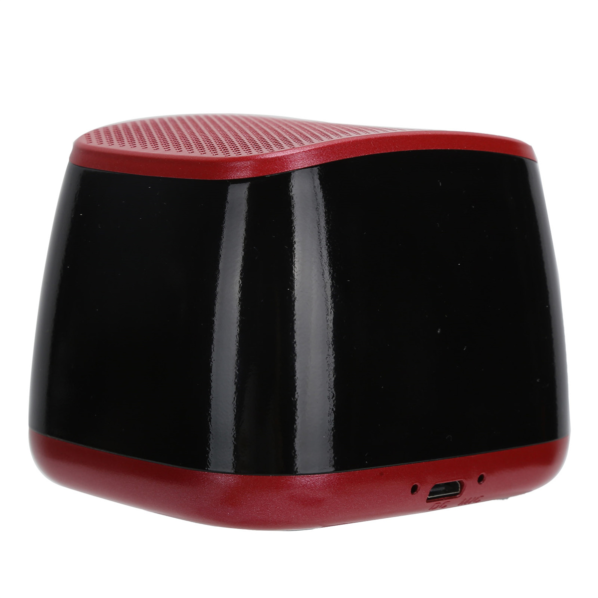 Schwarzer und roter Lautsprecher. Roter Grillaufsatz und roter Sockel. Schwarze Seiten.
