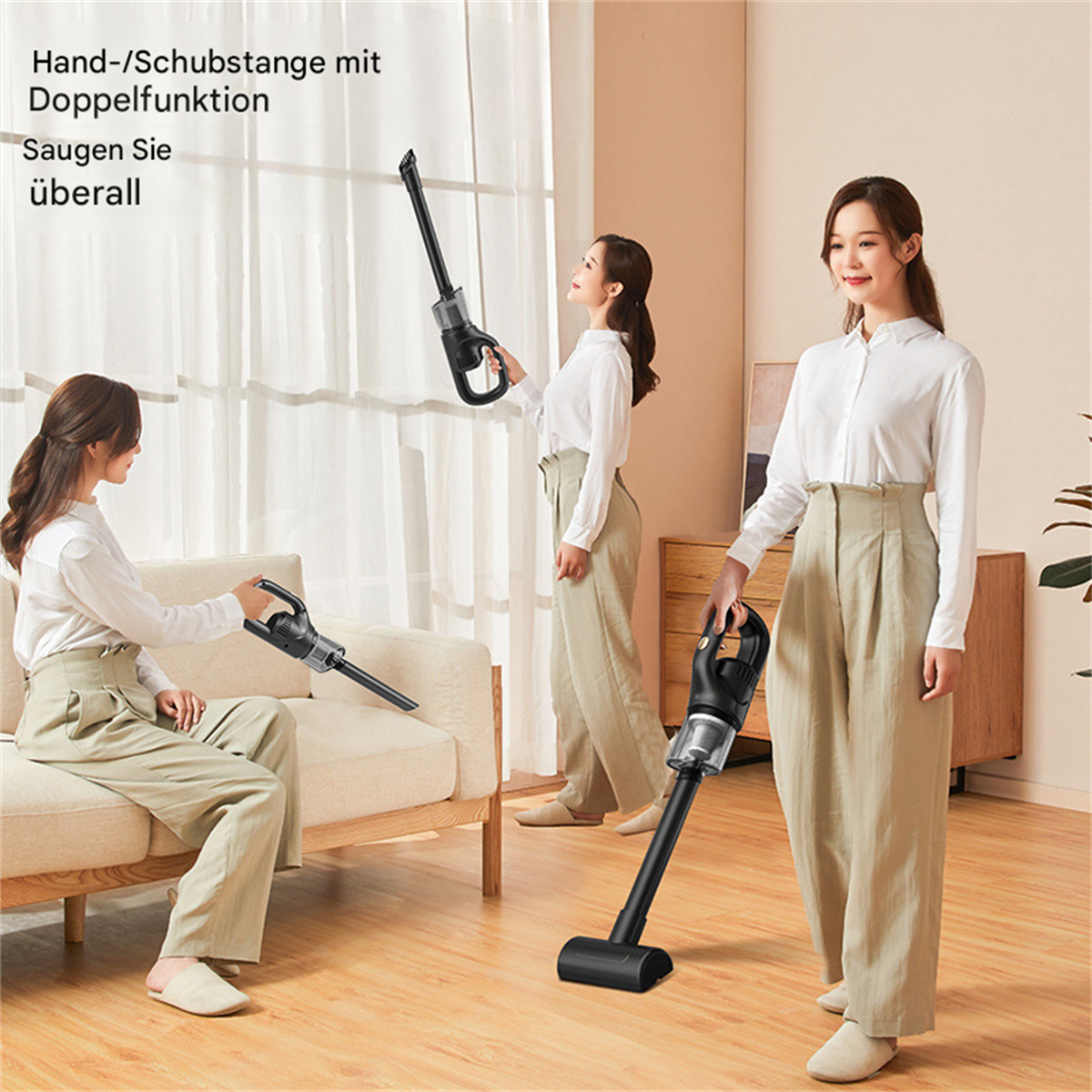 Drei Frauen benutzen einen Handstaubsauger. Wohnzimmer, weiß und beige. Reinigungsaufgaben.