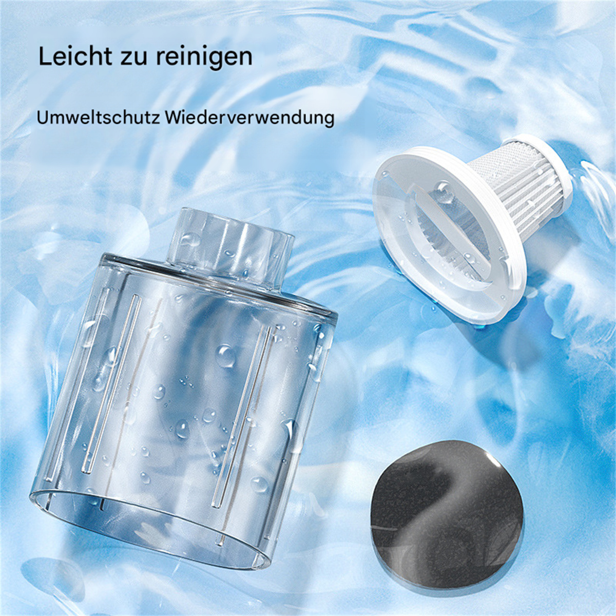 Staubsaugerteile. Transparenter Behälter, Filter und schwarze Komponente.