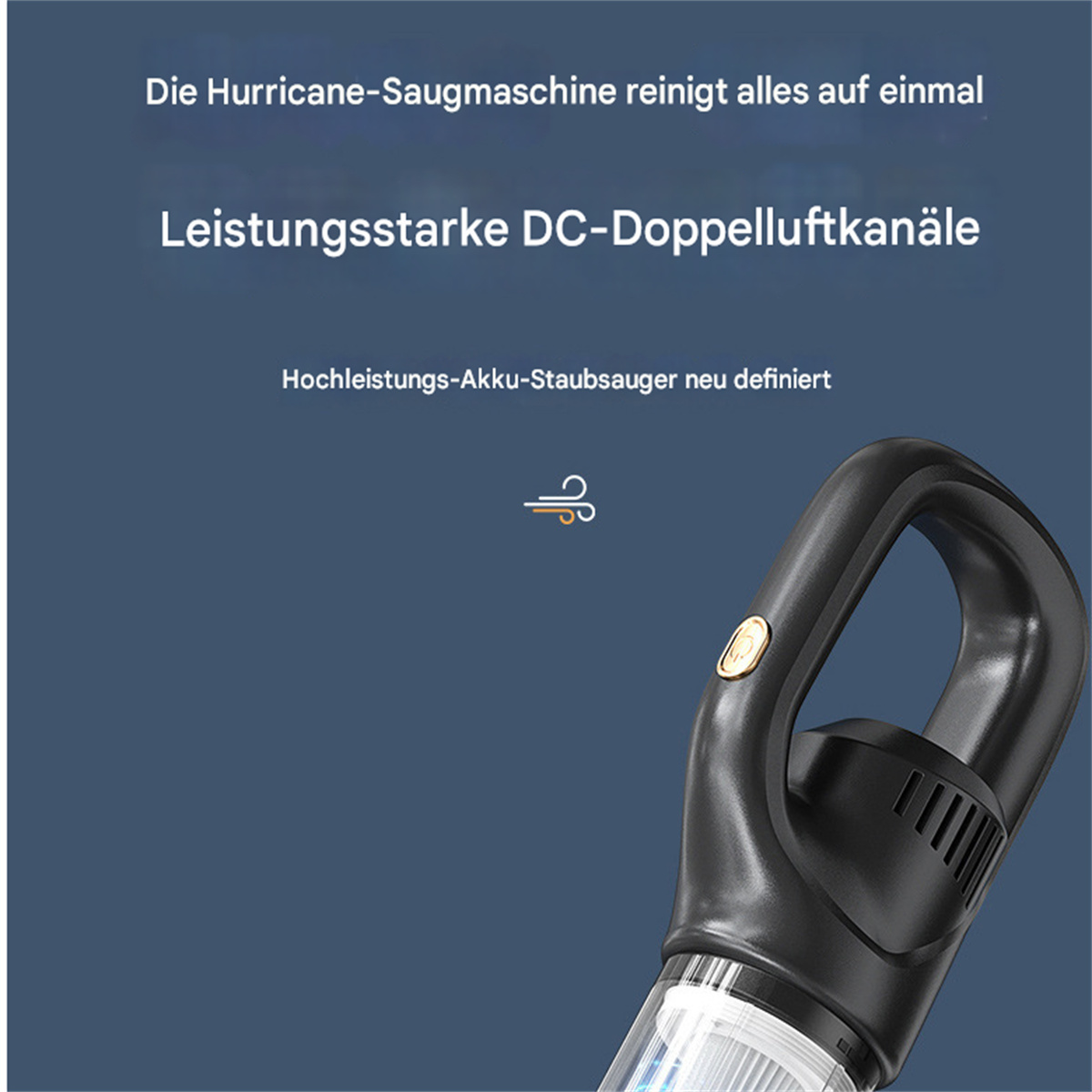 Ein Handstaubsauger mit schwarzem Griff. Blauer Hintergrund und weißer Text.