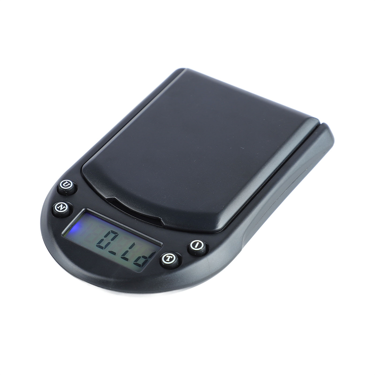 Kleine, schwarze Digitalwaage mit Anzeige von 0,1 lb. Knöpfe auf beiden Seiten.