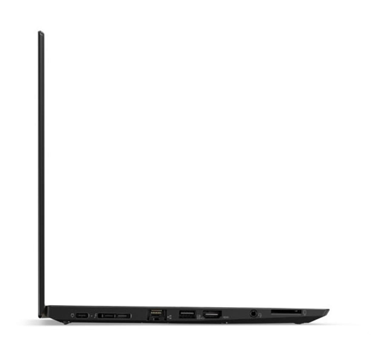 Profilansicht eines schwarzen Laptops. Der Bildschirm ist geschlossen.