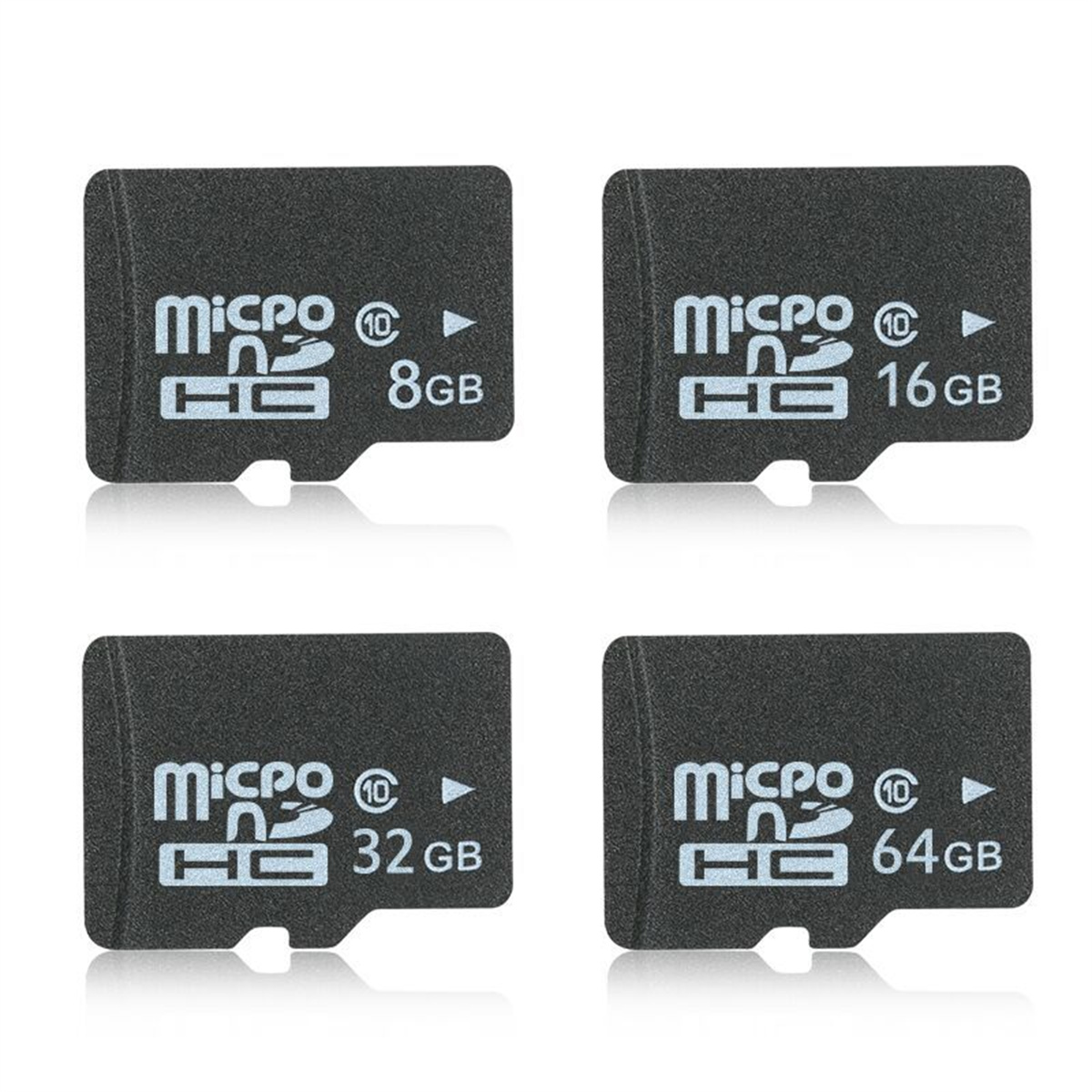 Vier schwarze Micro-SD-Karten mit Speicherkapazitäten von 8 GB, 16 GB, 32 GB und 64 GB.