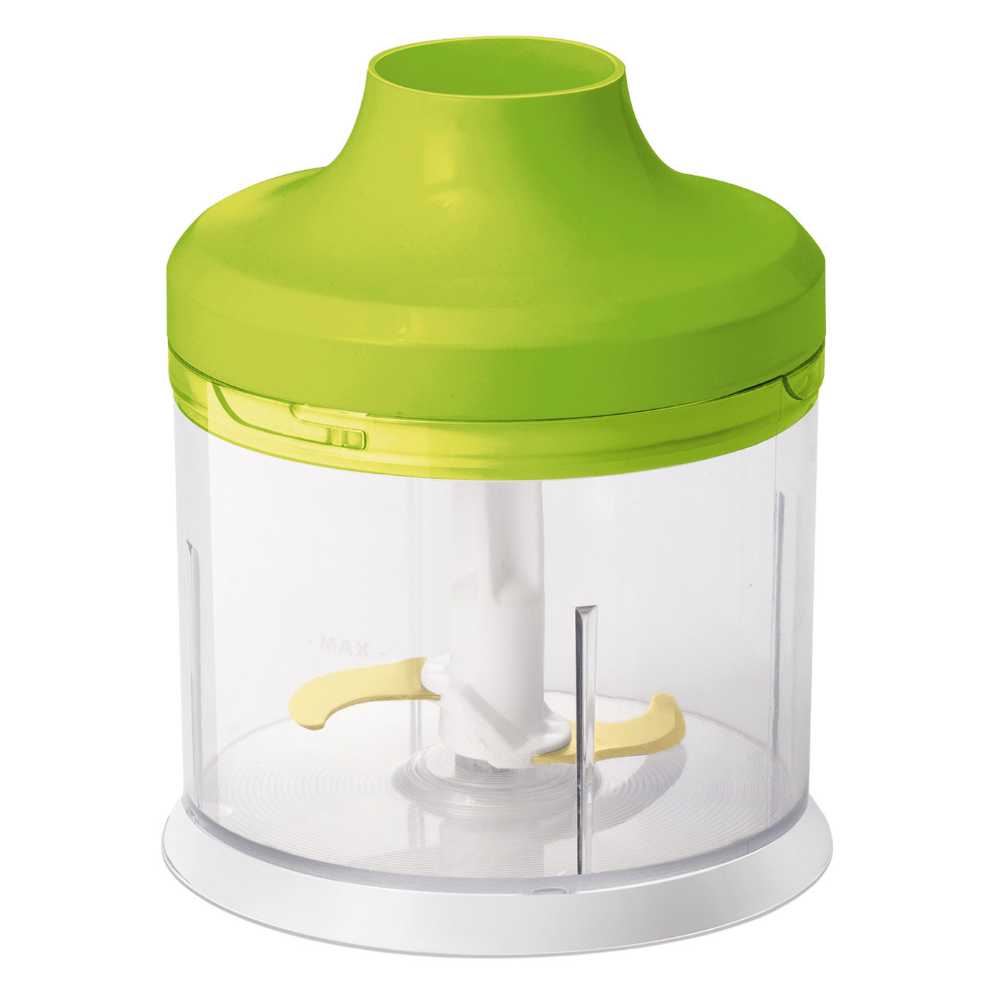 Zielony i przezroczysty robot kuchenny z ostrzem w środku, na białym tle.