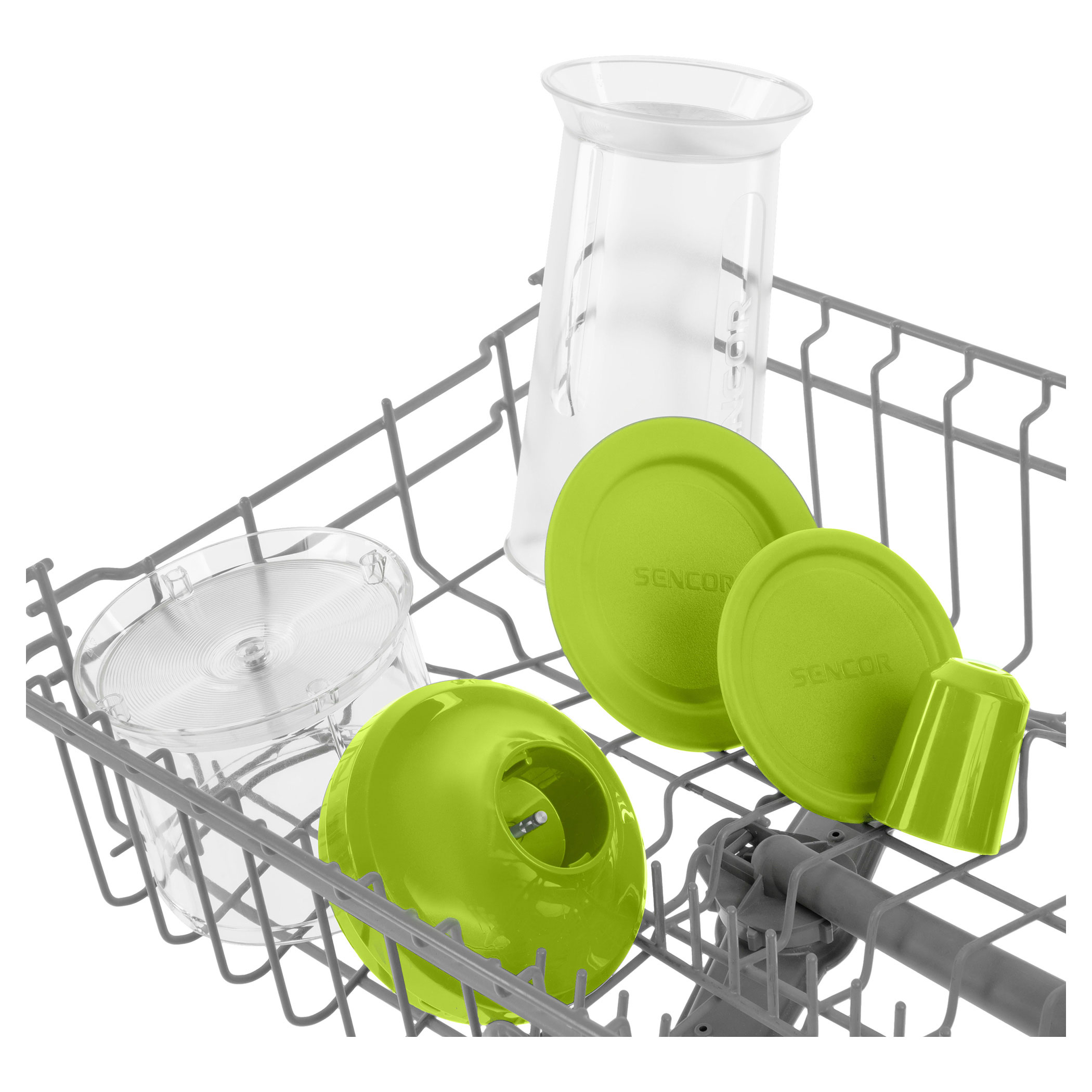 Zbliżenie kosza zmywarki z zielonymi i przezroczystymi przedmiotami.