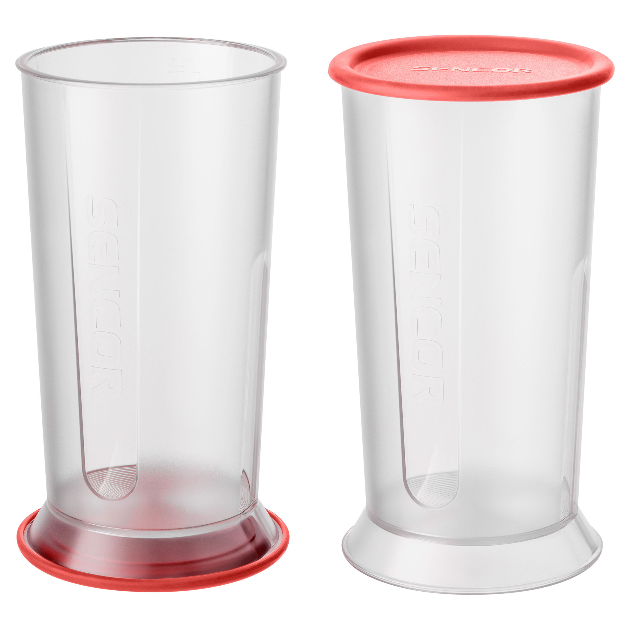 Dwa przezroczyste plastikowe miarki z czerwonymi podstawami i czerwonymi pokrywkami. Jeden ma pokrywkę.