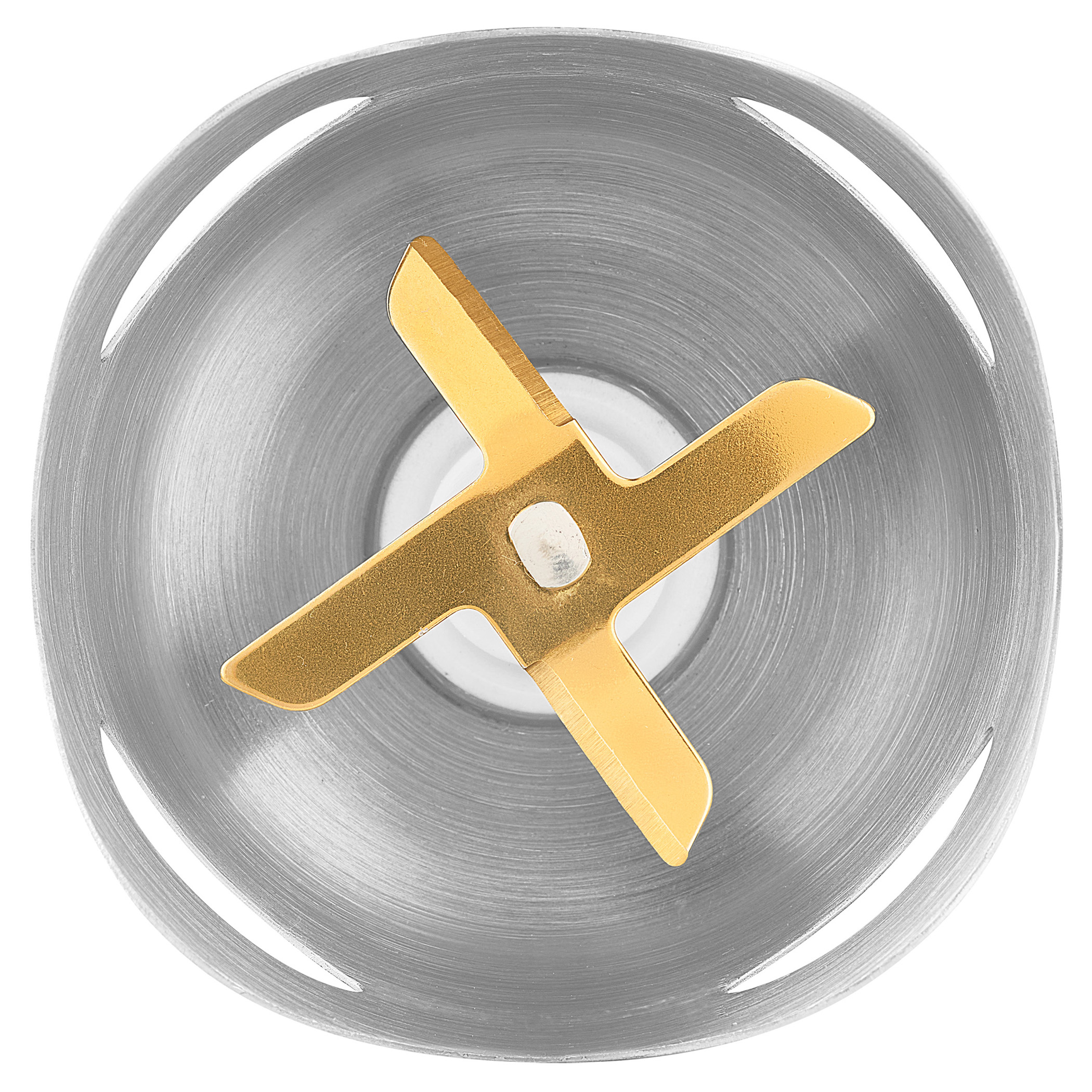 Nahaufnahme einer Goldklinge in einer silbernen Küchenmaschinen-Schüssel.