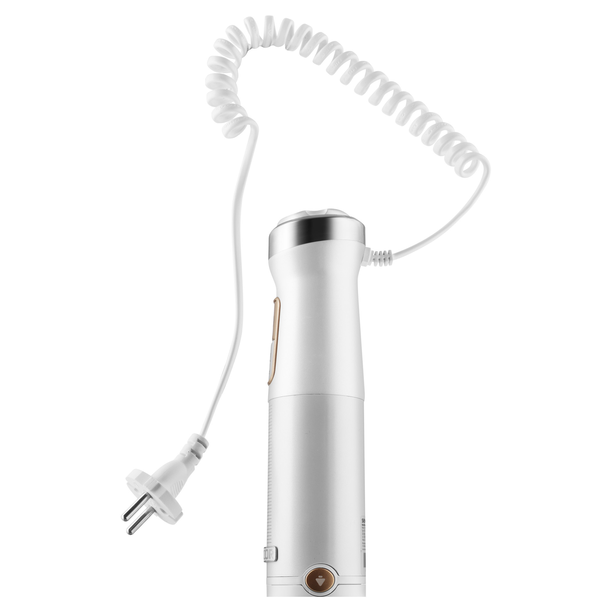 Ein weißer Stabmixer mit einem weißen, spiralförmigen Netzkabel und einem Stecker.