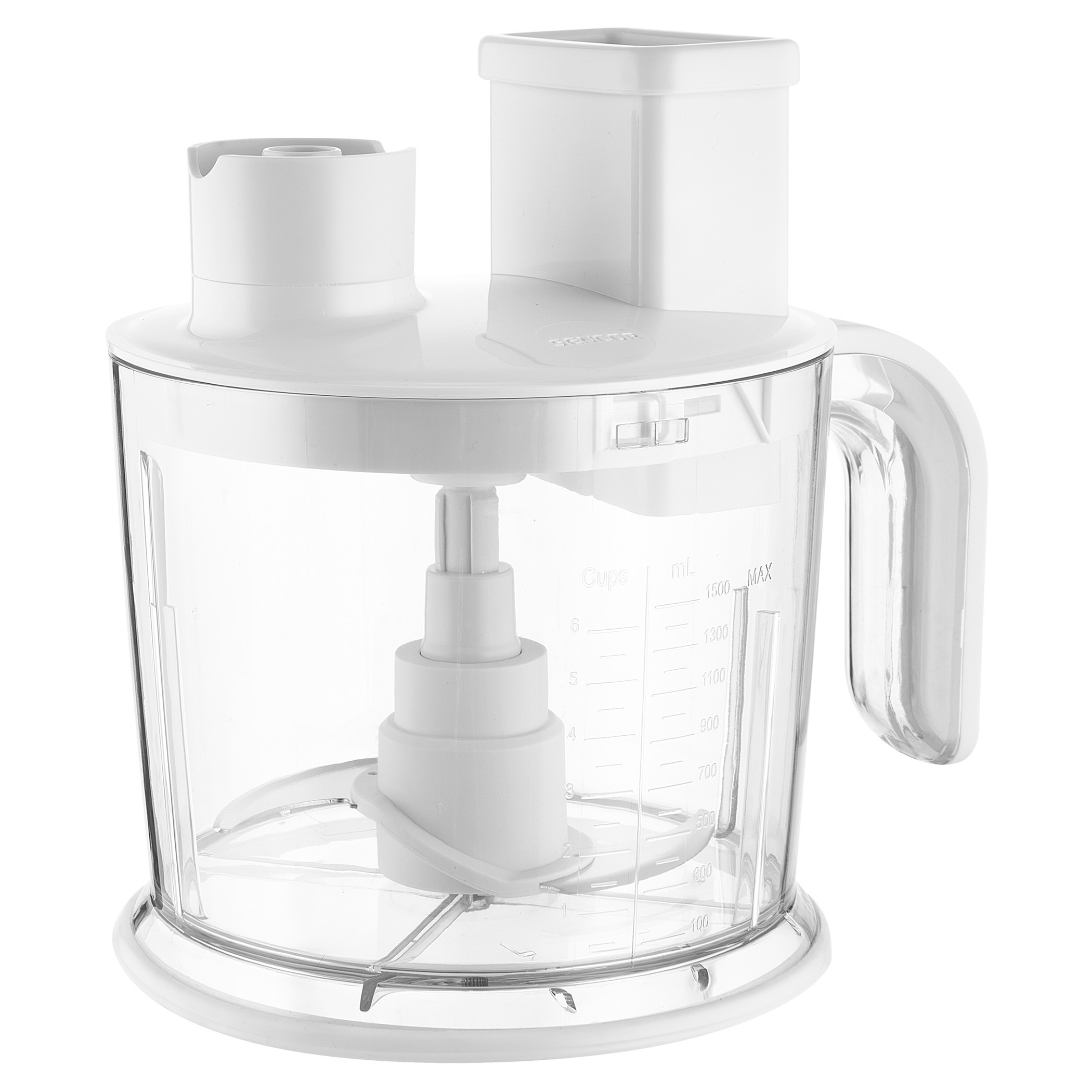 Weißer Küchenmixer mit transparentem Behälter und sichtbarer Klinge, Griff und Aufsätzen.