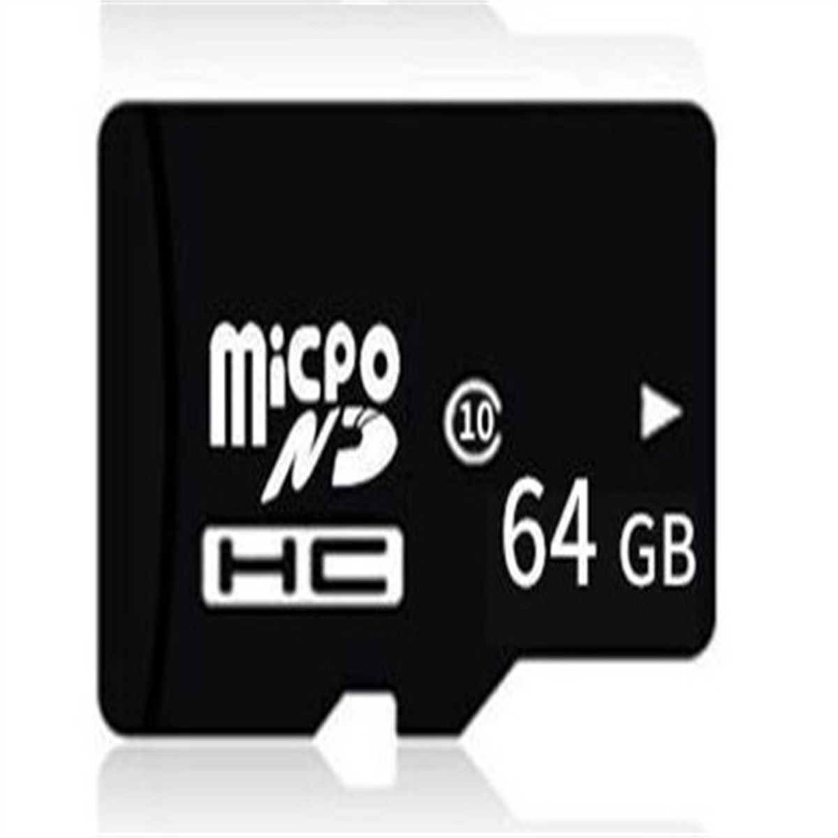 Schwarze Micro-SD-Karte mit weißem Text, einschließlich HC-Logo und 64 GB Kapazität, auf weißem Hintergrund.