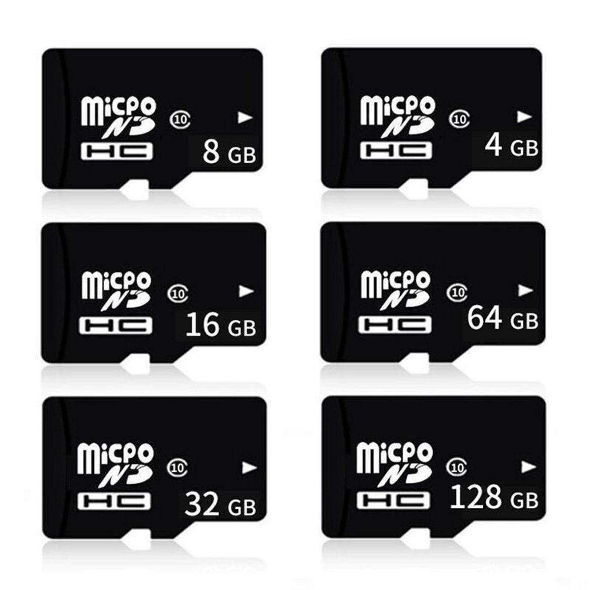 Sechs schwarze Micro-SD-Karten mit unterschiedlichen Speicherkapazitäten: 4GB, 8GB, 16GB, 32GB, 64GB und 128GB, weißer Hintergrund.