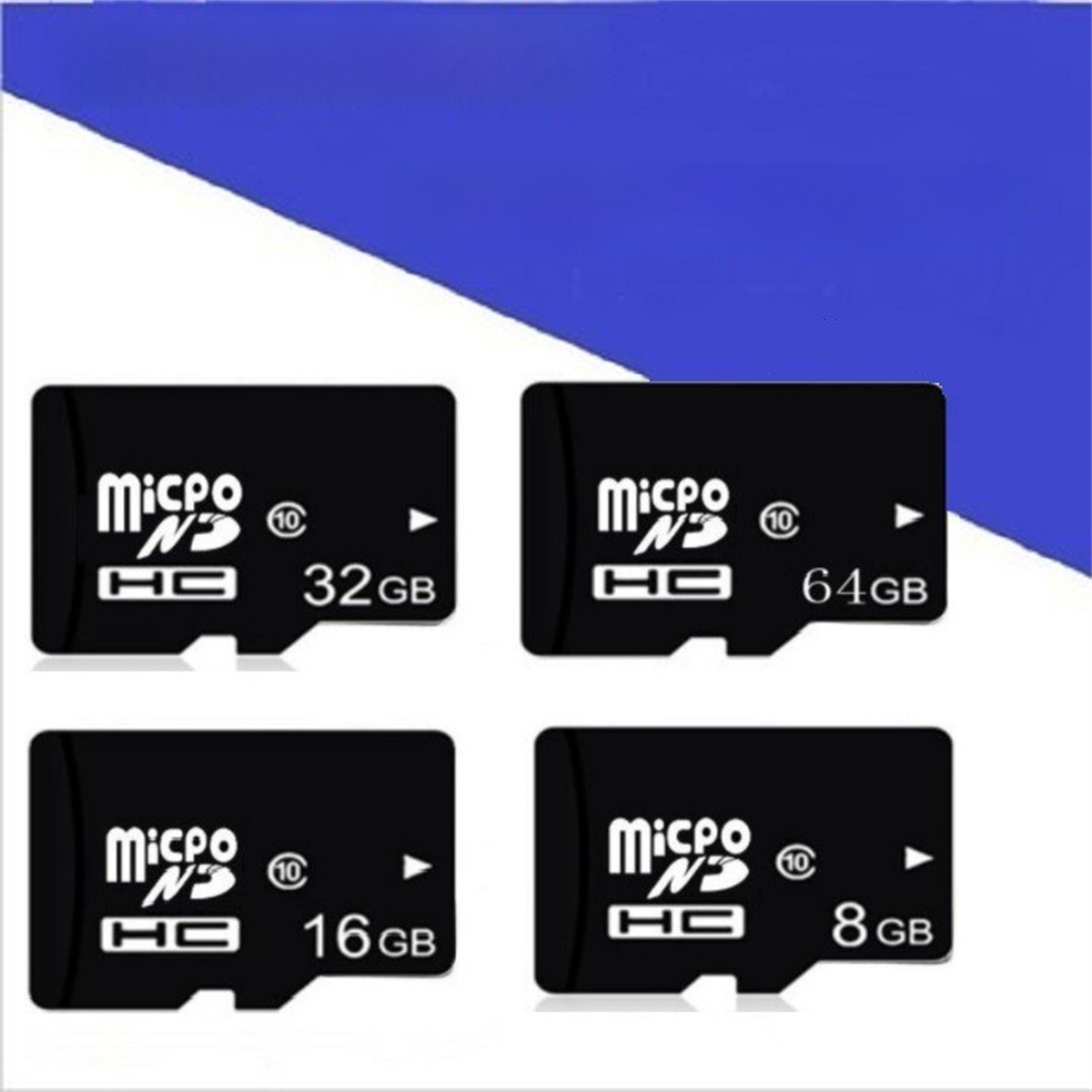 Vier schwarze Micro-SD-Karten mit Speicherkapazitäten: 8, 16, 32 und 64 GB.