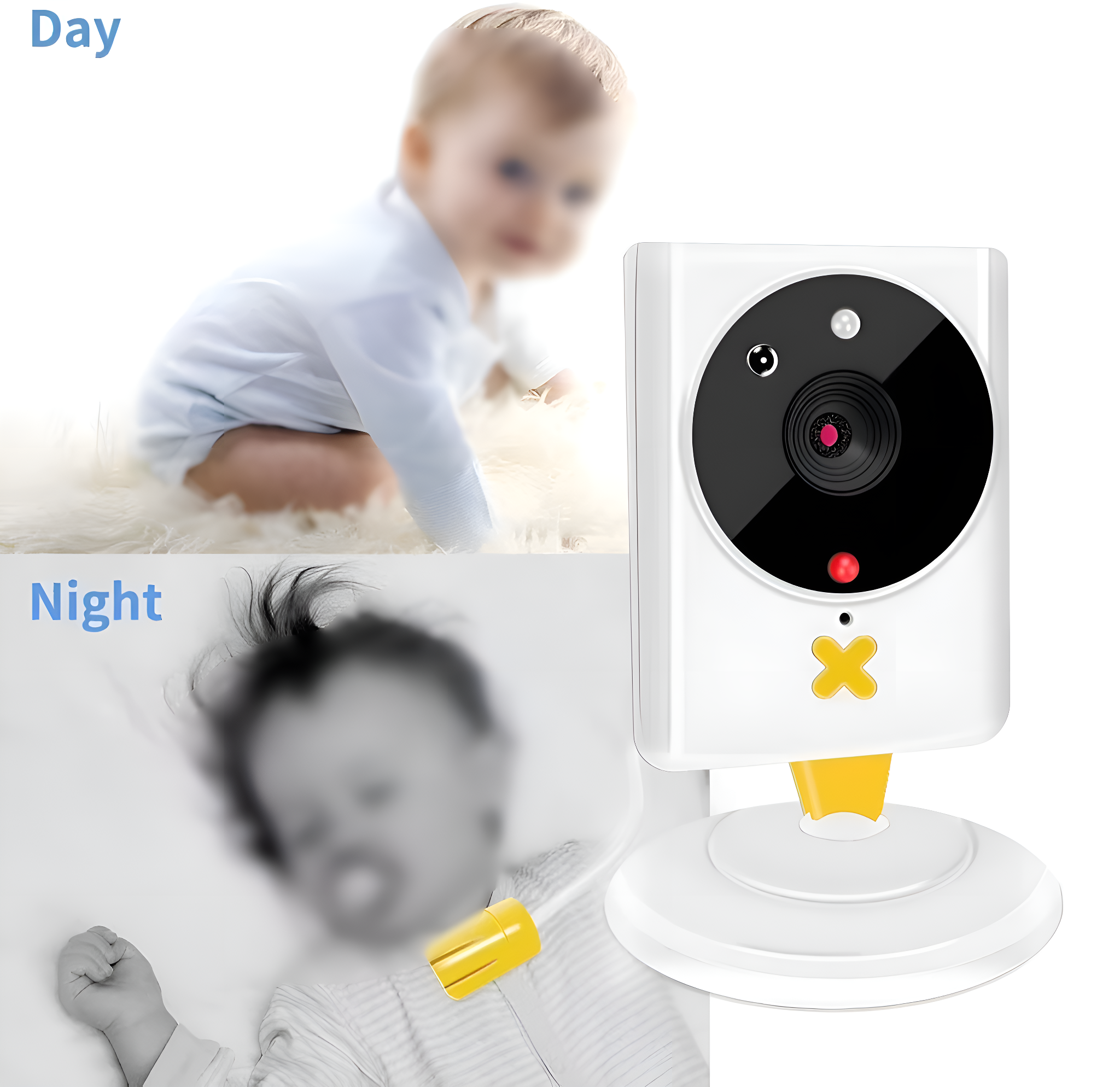 Ein Babyphone mit zwei Bildern: eines bei Tageslicht und eines bei Nachtsicht.