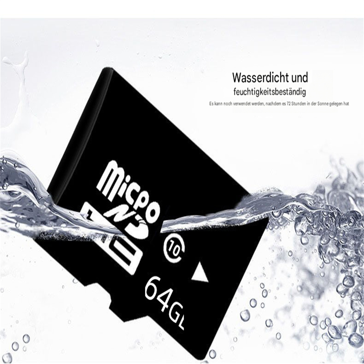 Eine schwarze SD-Karte im Wasser versenkt. Text auf der Karte weist auf Speicherkapazität und wasserdichte Eigenschaften hin.