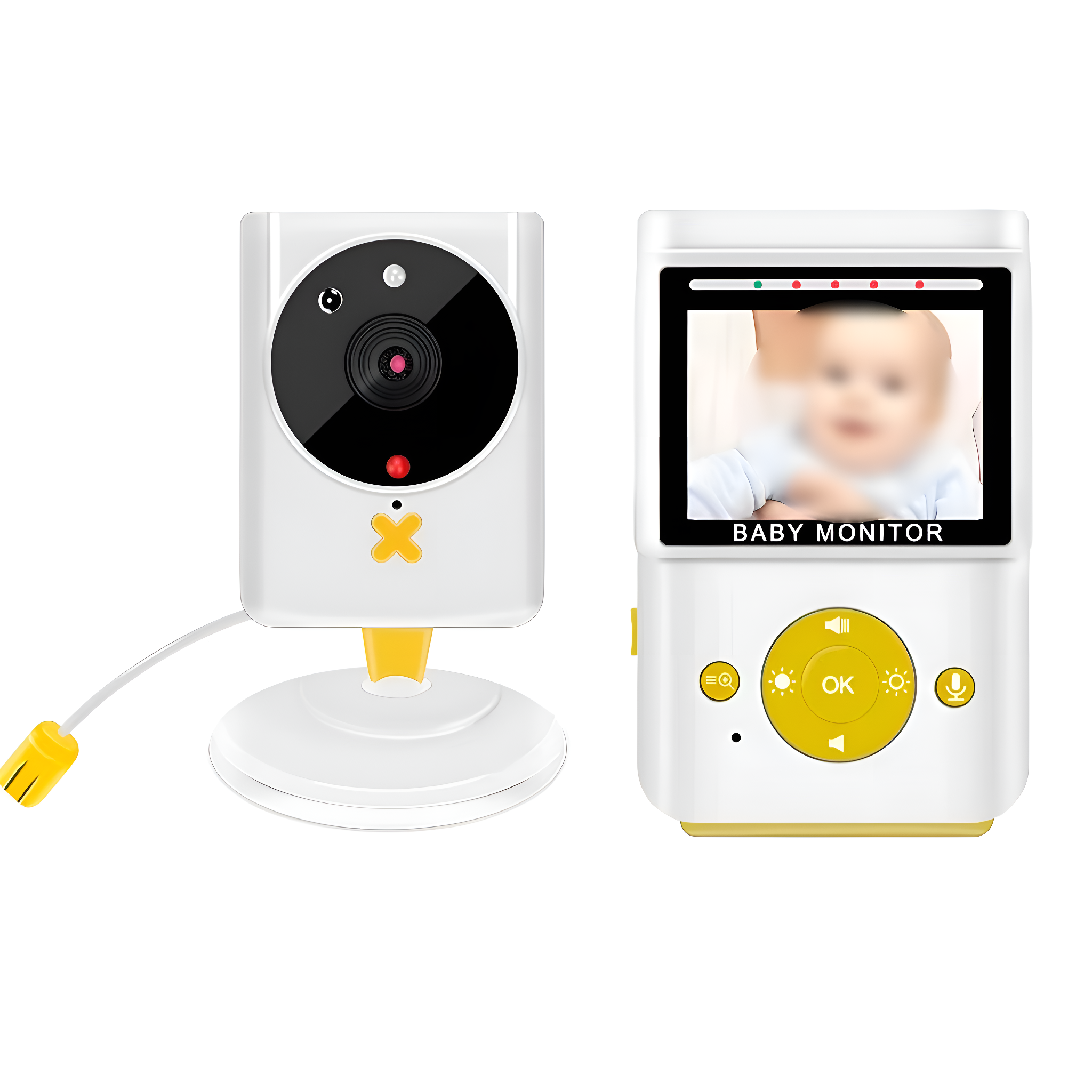 Babyphone-Set, eine Kamera mit rotem Licht und ein Monitor, der ein verschwommenes Babybild zeigt.