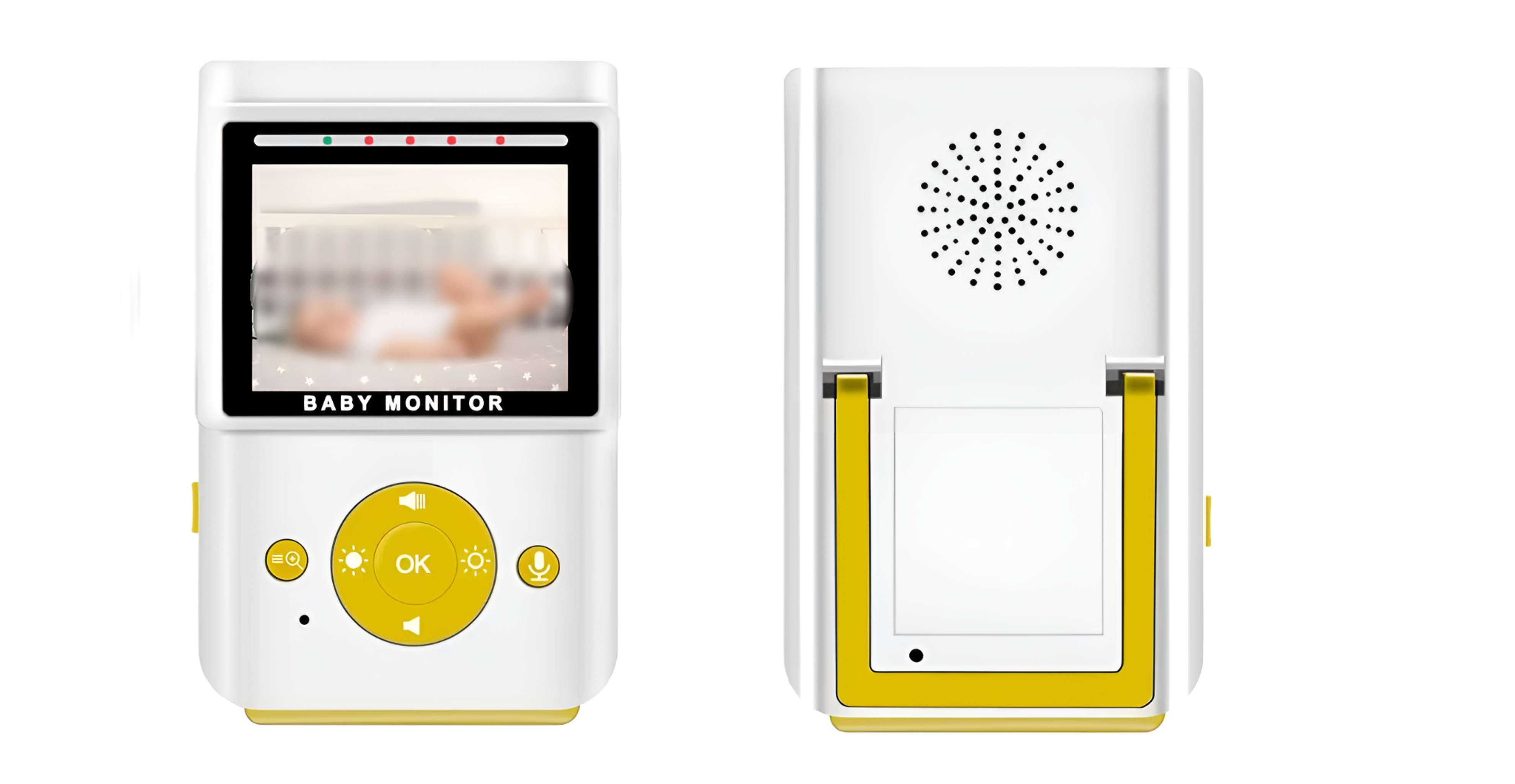 Ein Babyphone, Vorder- und Rückansicht, zeigt einen Bildschirm mit einem Baby und Knöpfen.