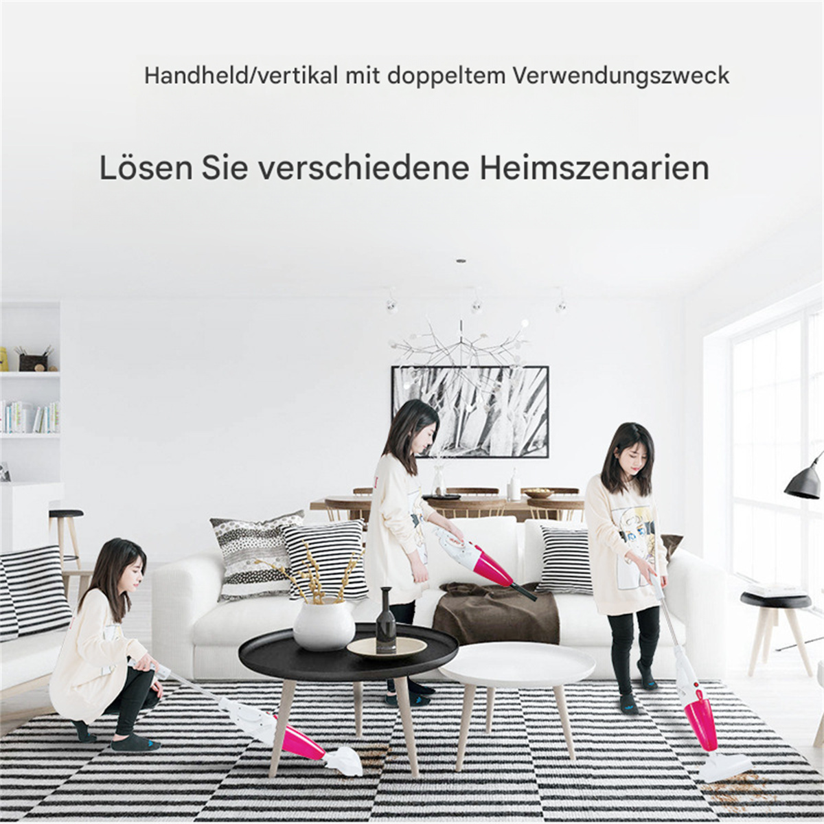 Drei Frauen reinigen ein Wohnzimmer mit einem Handstaubsauger. Text: Lösen Sie verschiedene Heimszenarien.