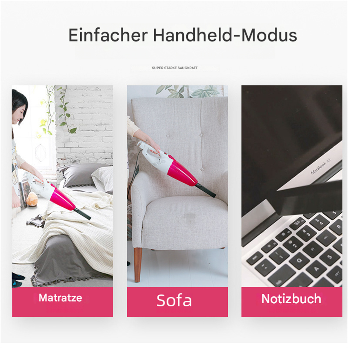 Personen verwenden einen Handstaubsauger auf einem Bett, Sofa und Notizbuch; alles in einzelnen Szenen.