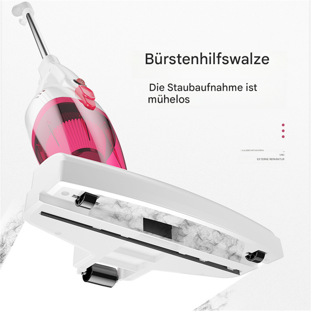 Ein weiß-rosa kabelloser Staubsauger, der Bürste und Haarsammelbereich zeigt.